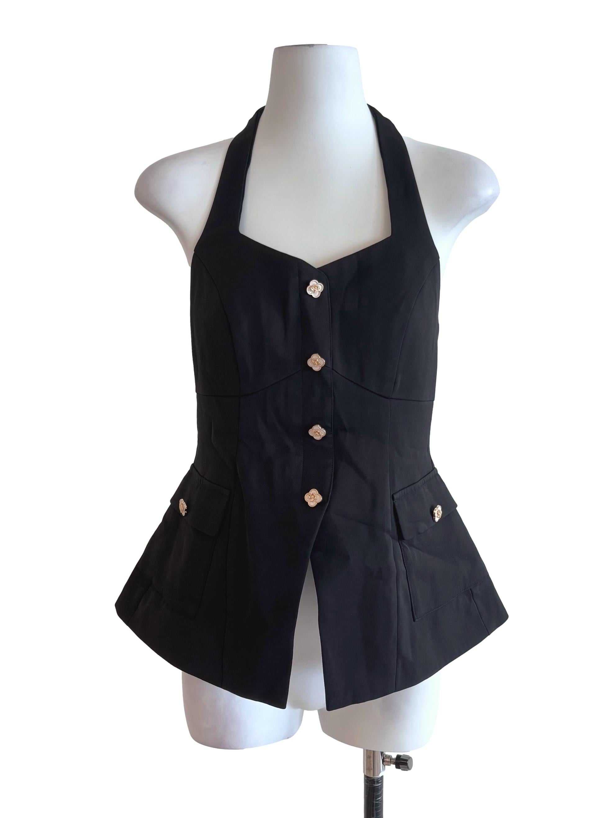 Black Button Detail Tie Halter Flare Top