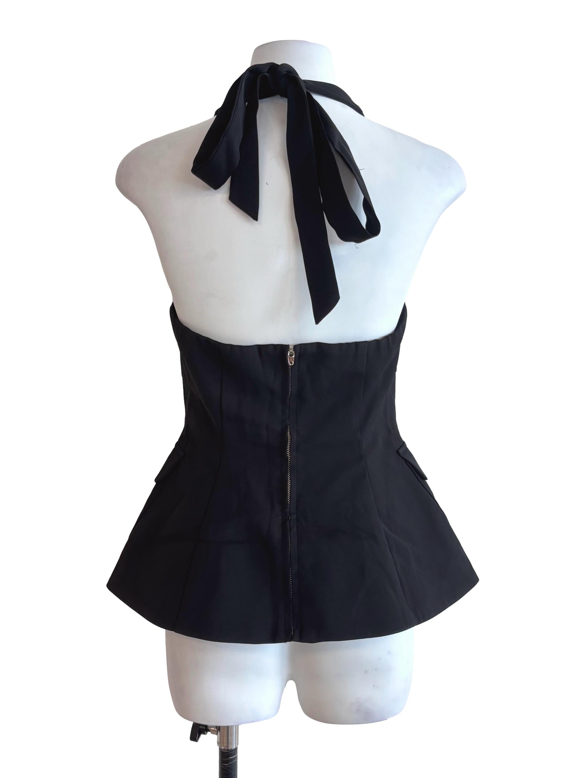Black Button Detail Tie Halter Flare Top