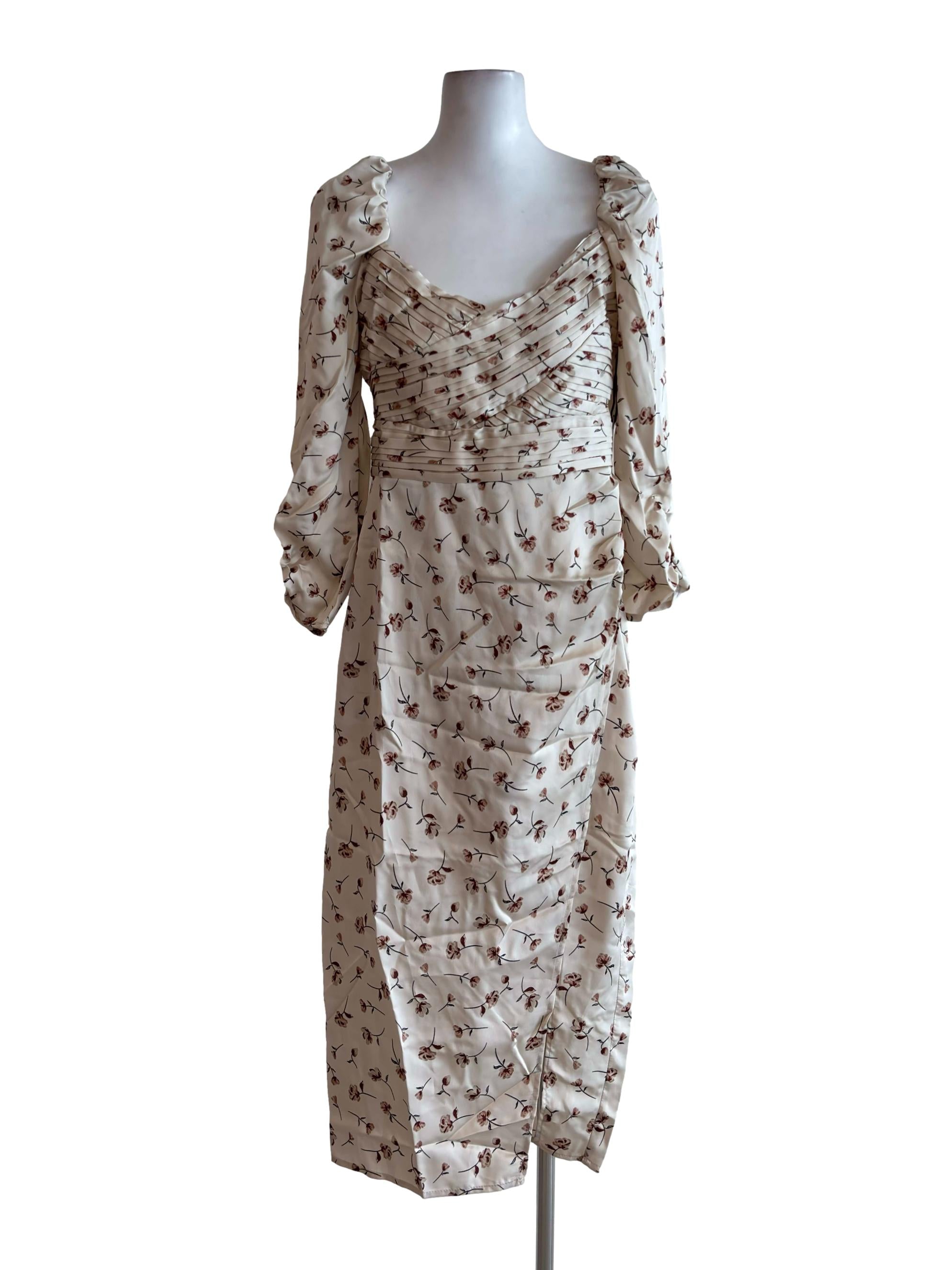 Cream Floral Half Pleated Midi Dress