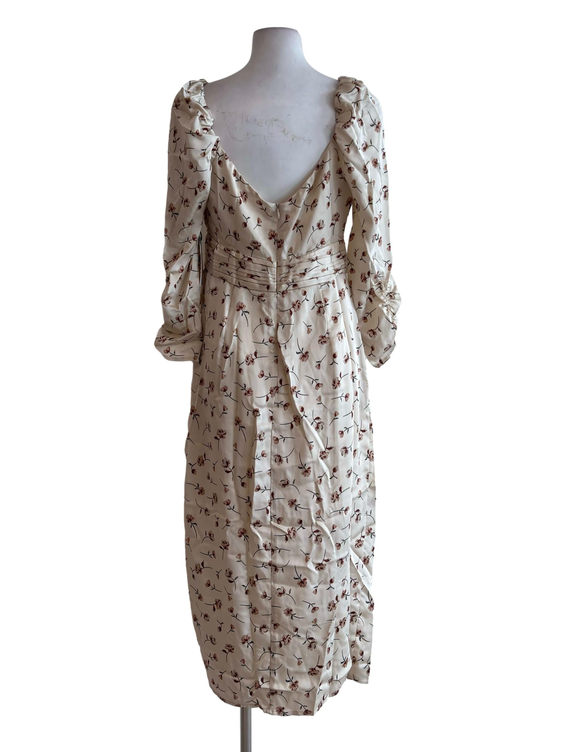 Cream Floral Half Pleated Midi Dress