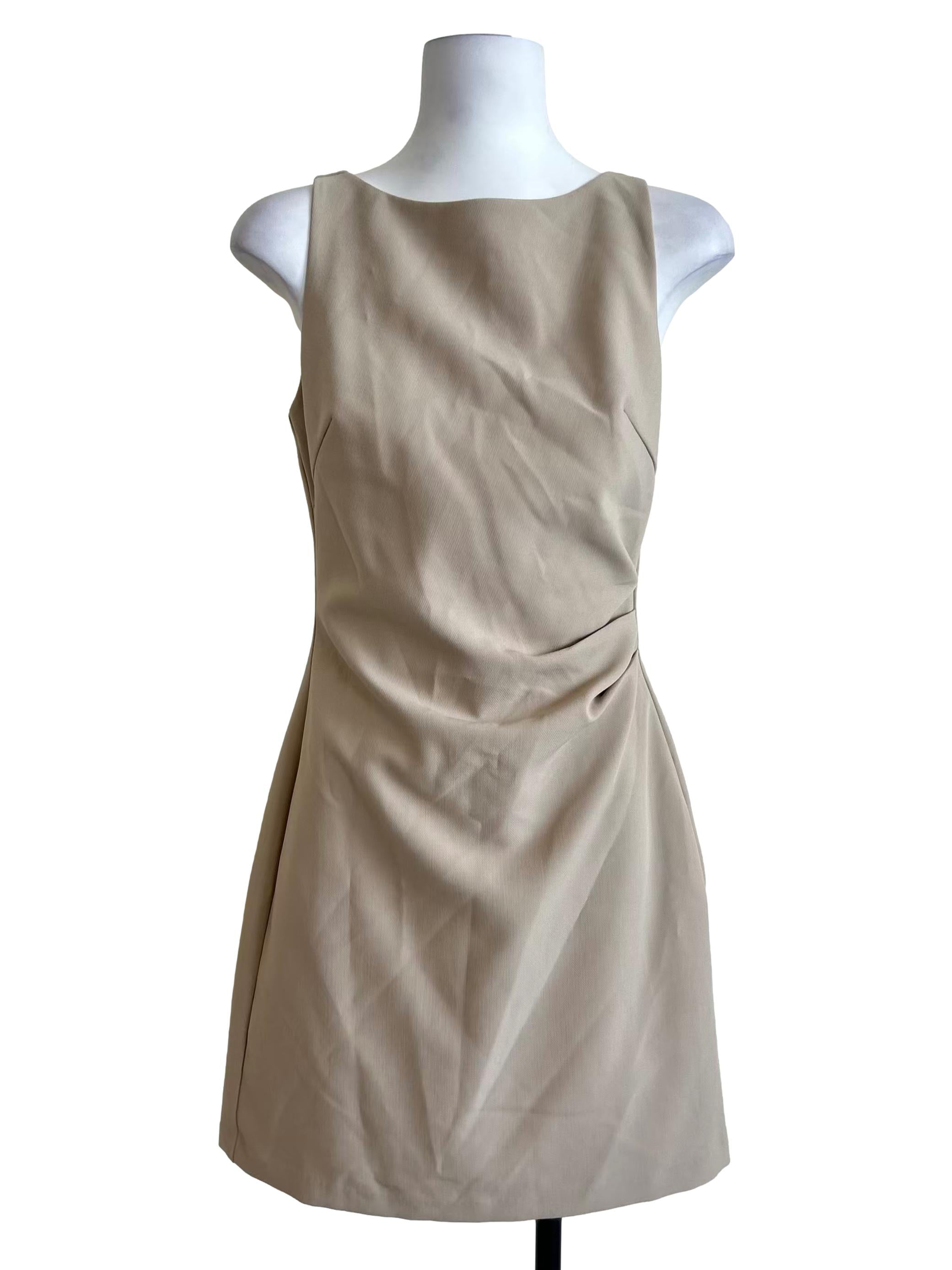 Beige Boat Neck Ruched Dress LB