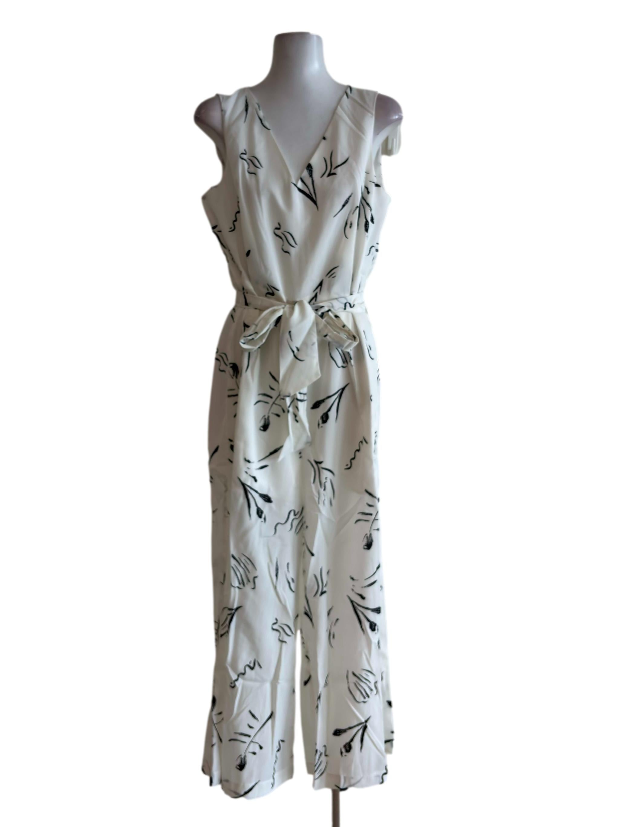 White Print V Neck Jumpsuit