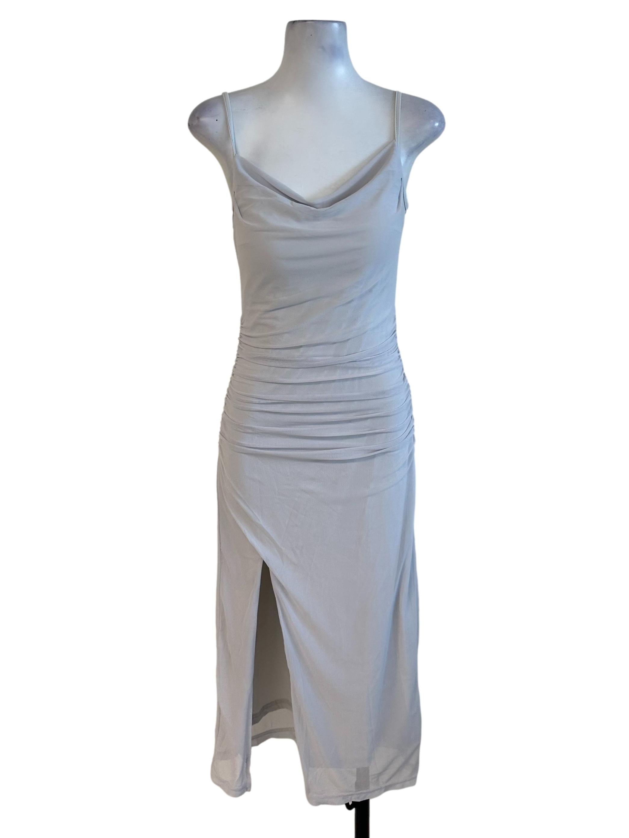 Ash Grey Cowl Neck Drape Slit Dress