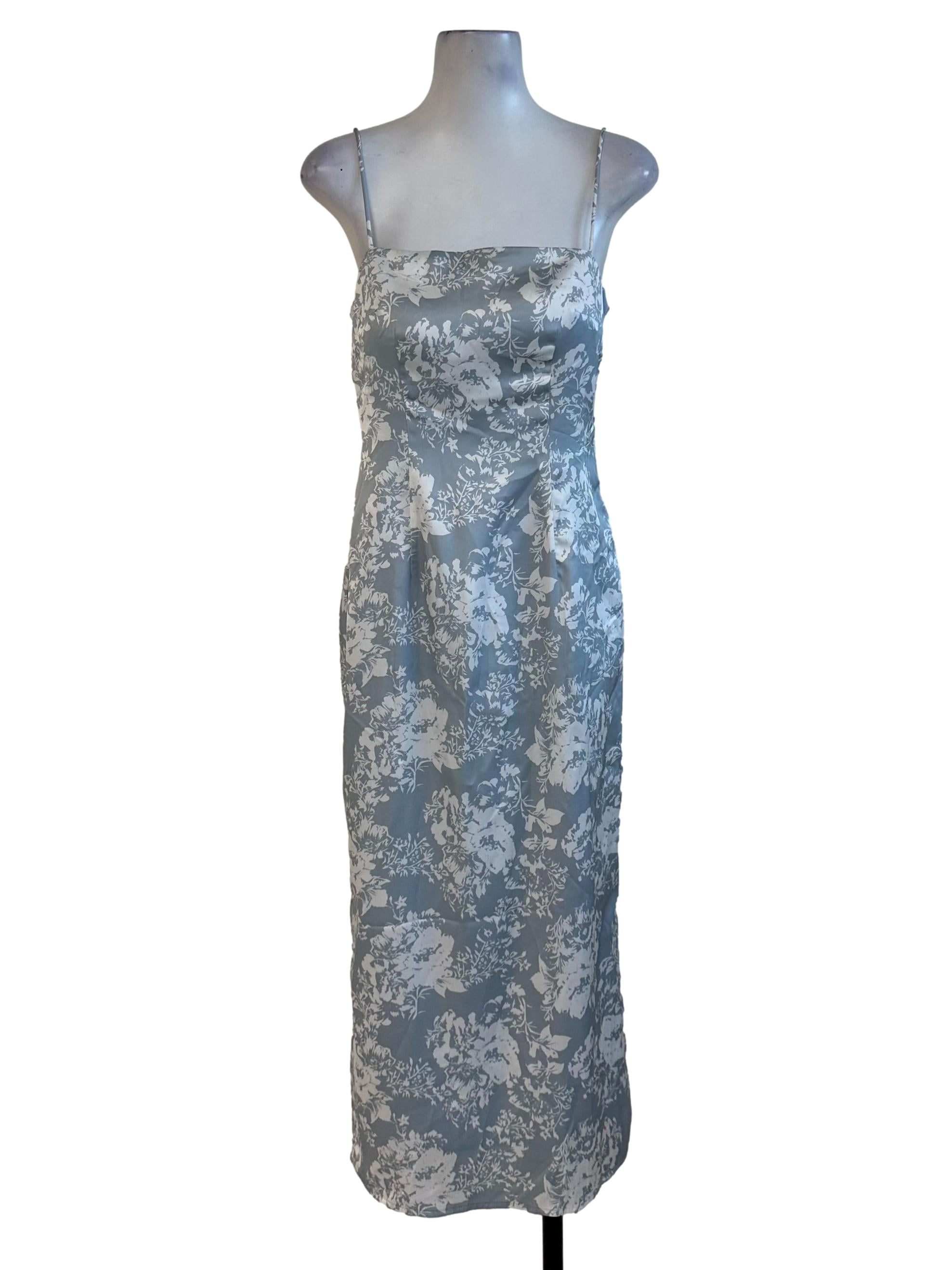 Dusty Blue Floral Pattern Square Neck Dress