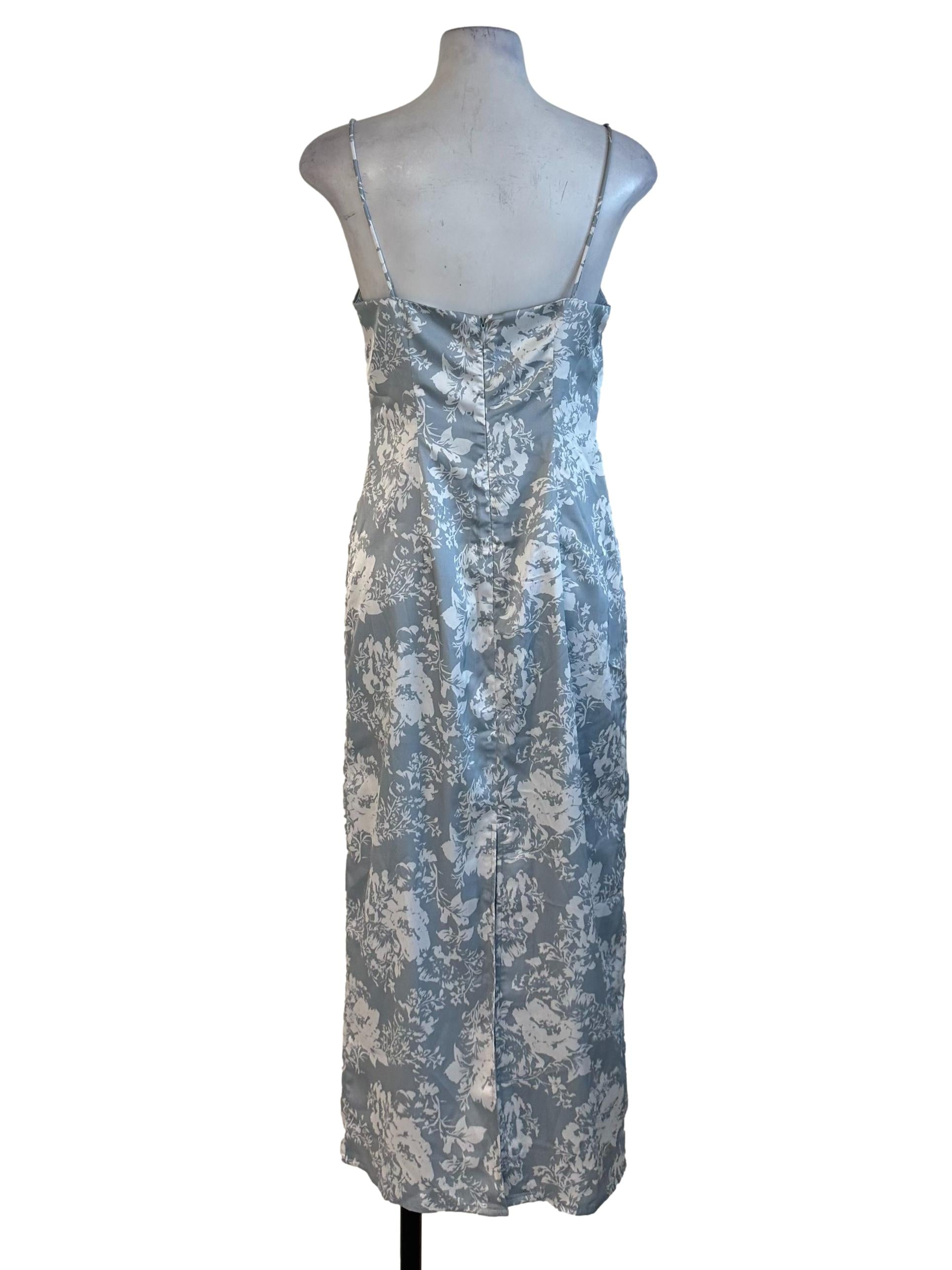 Dusty Blue Floral Pattern Square Neck Dress