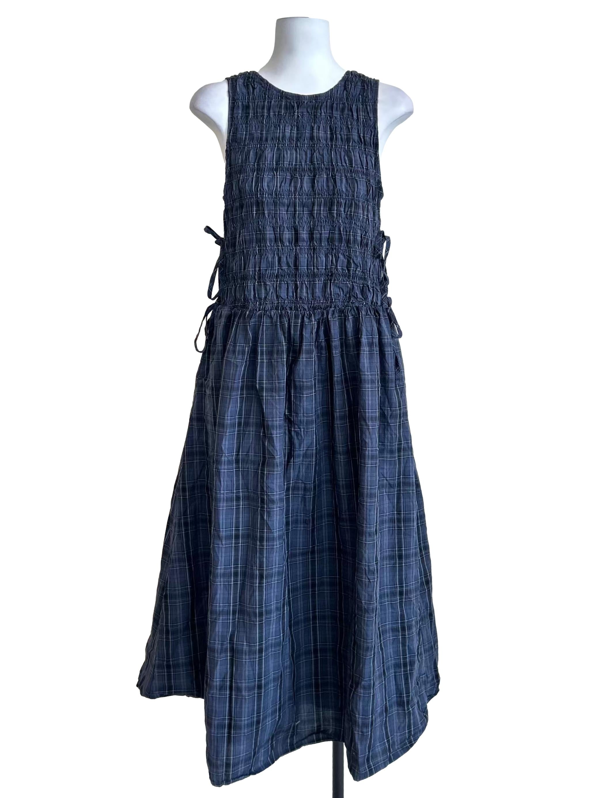 Navy Blue Smocked Plaid Dress