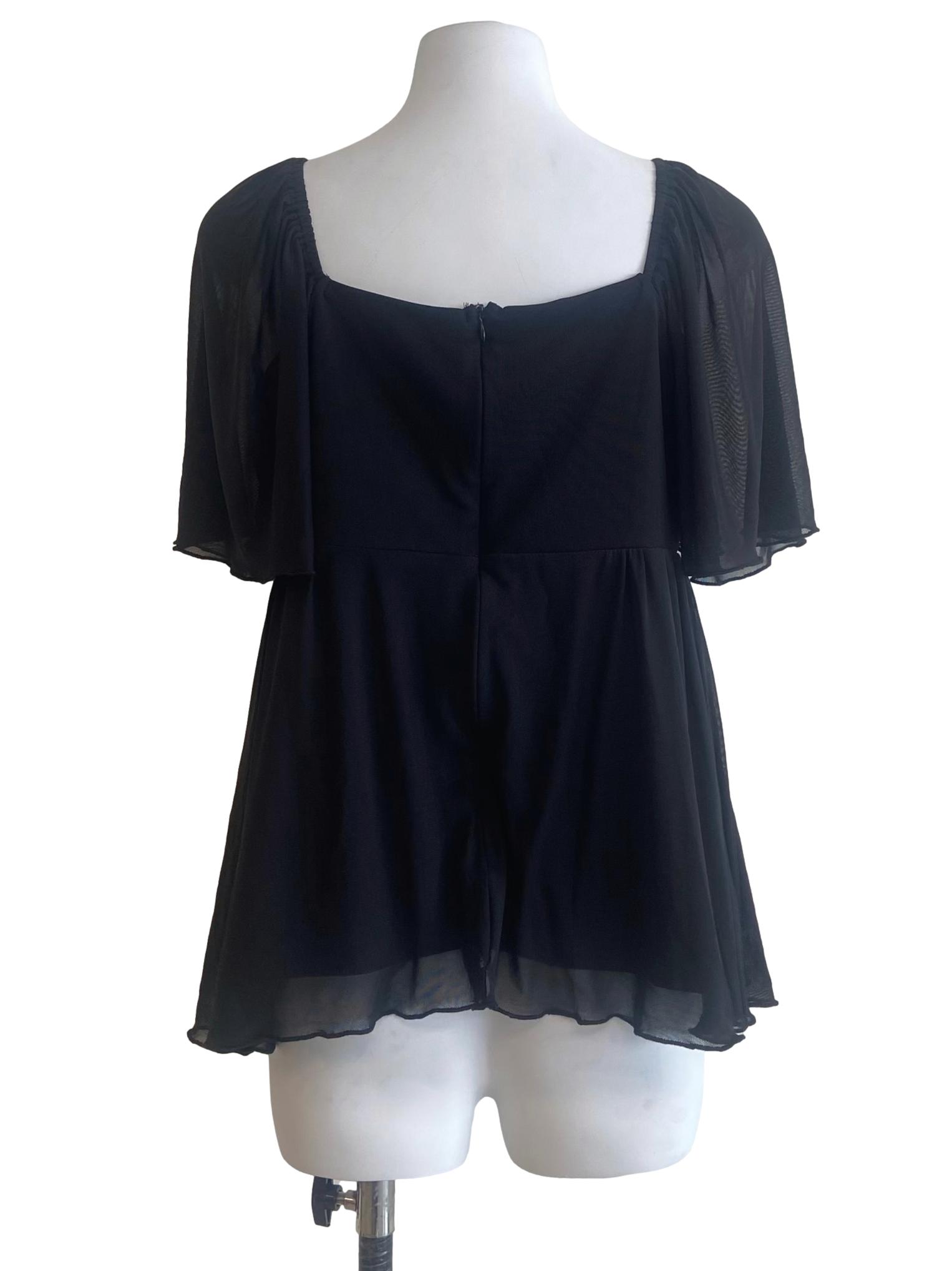 Black Square Neck Mesh Blouse