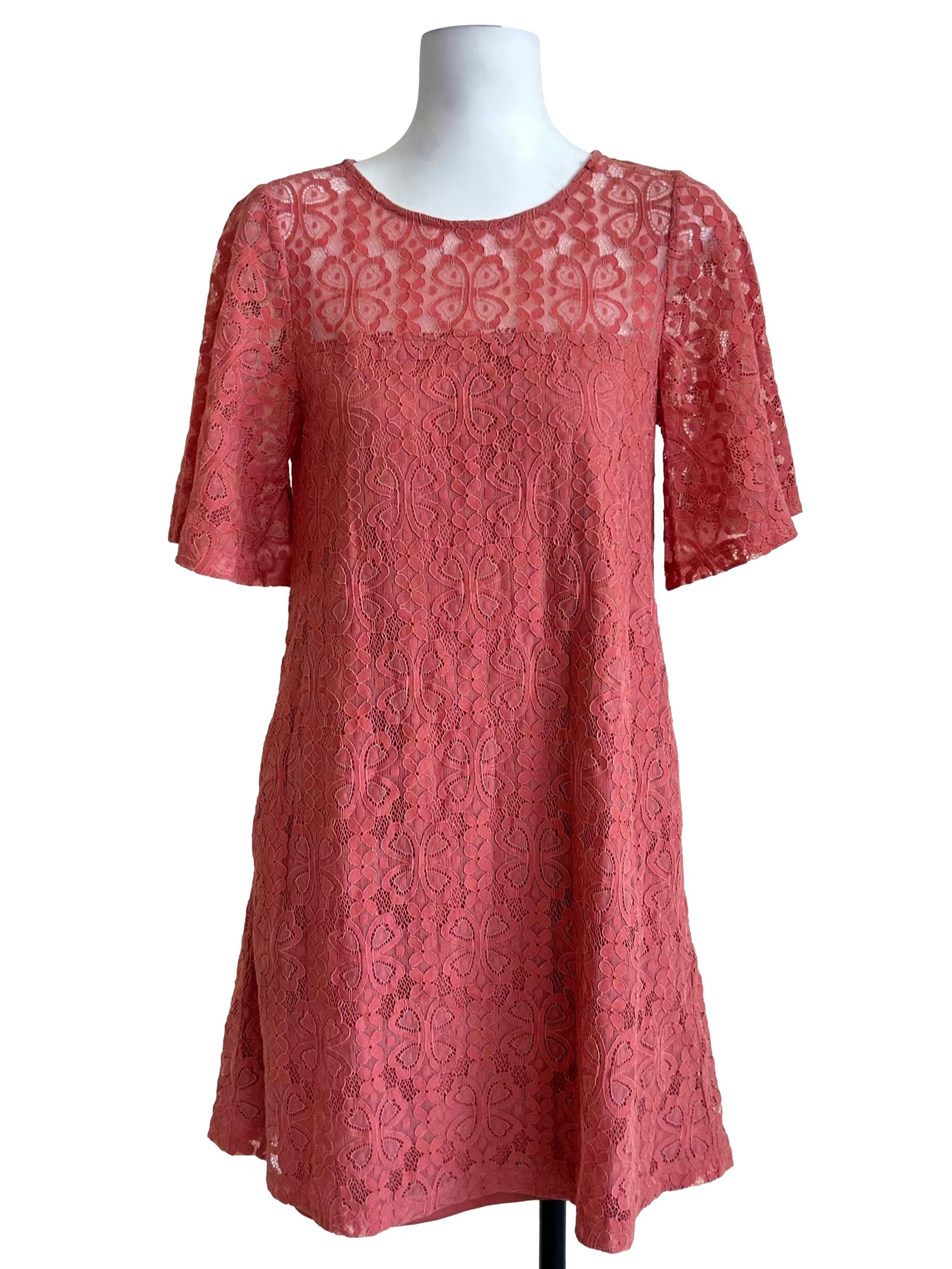 Coral Pink Sheer Floral Lace Dress
