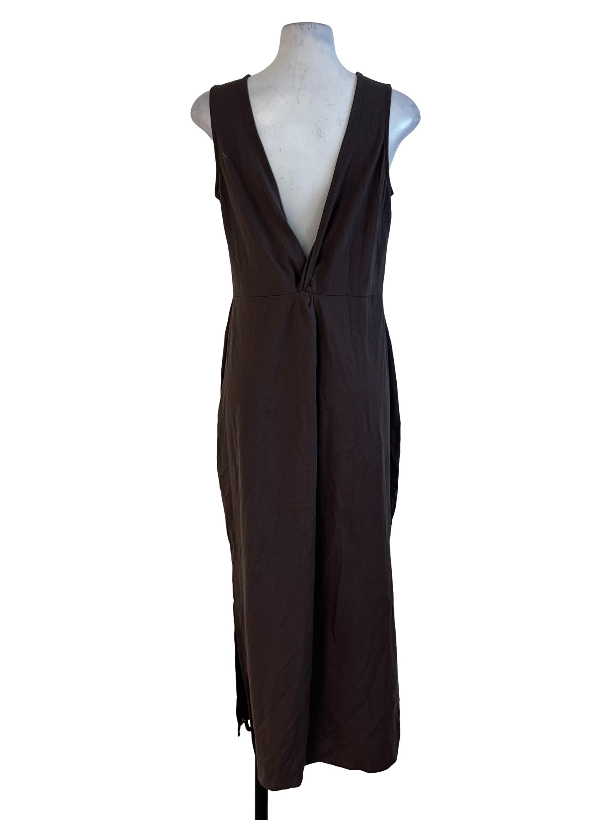 Dark Brown Round Neck Back V Slit Dress