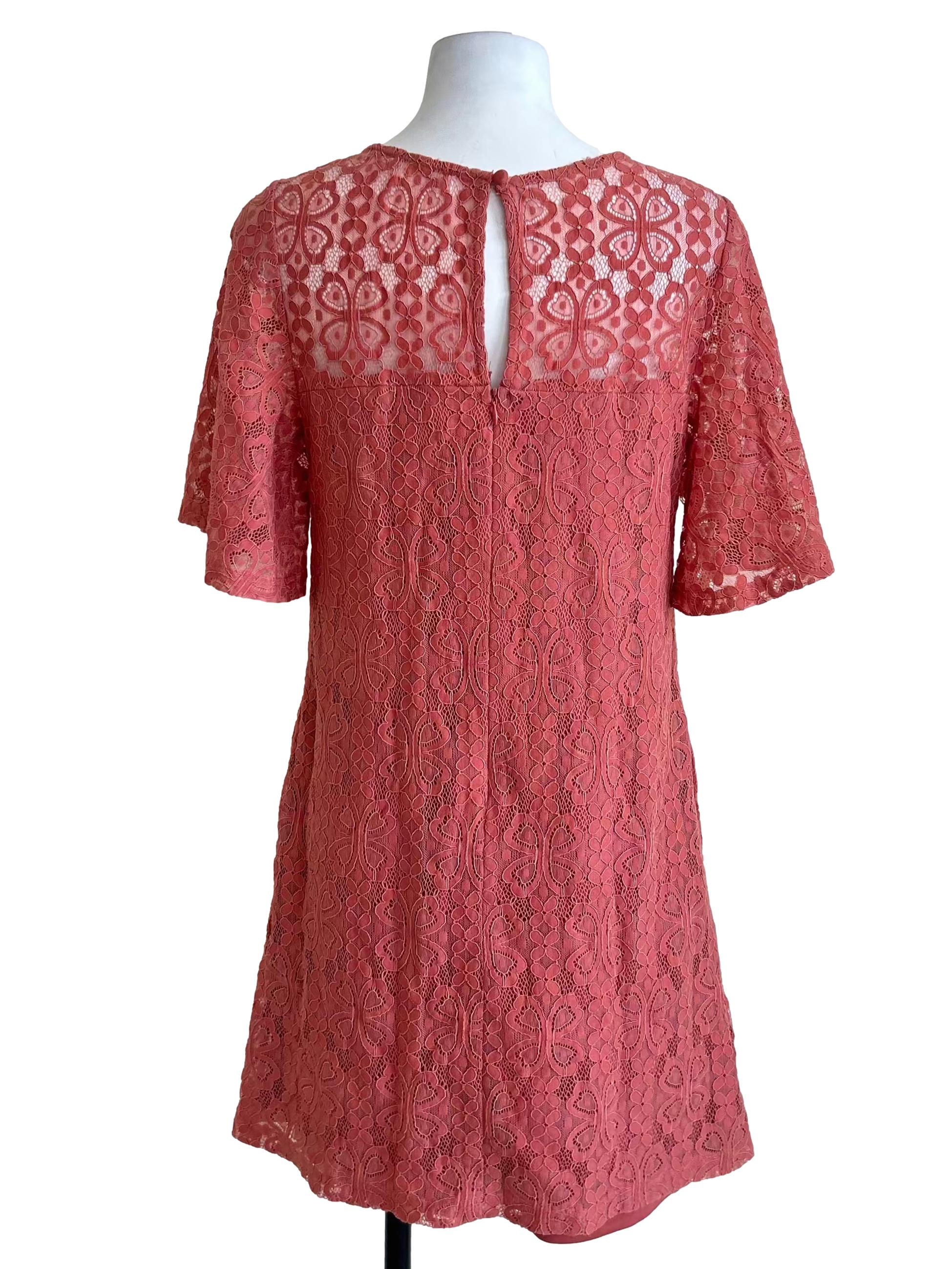 Coral Pink Sheer Floral Lace Dress