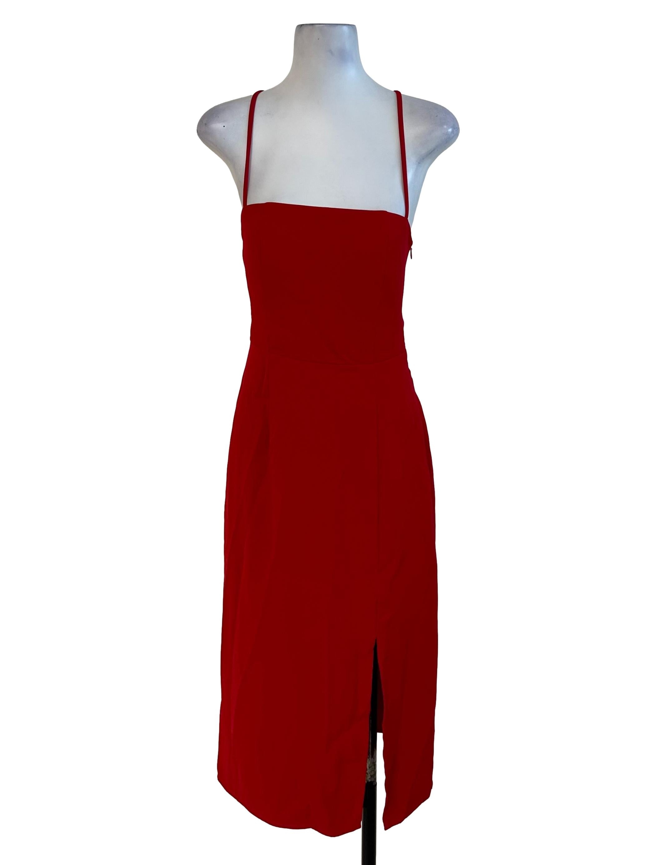 Sashay Red Square Neck Back Overlap Tie Slit Dress