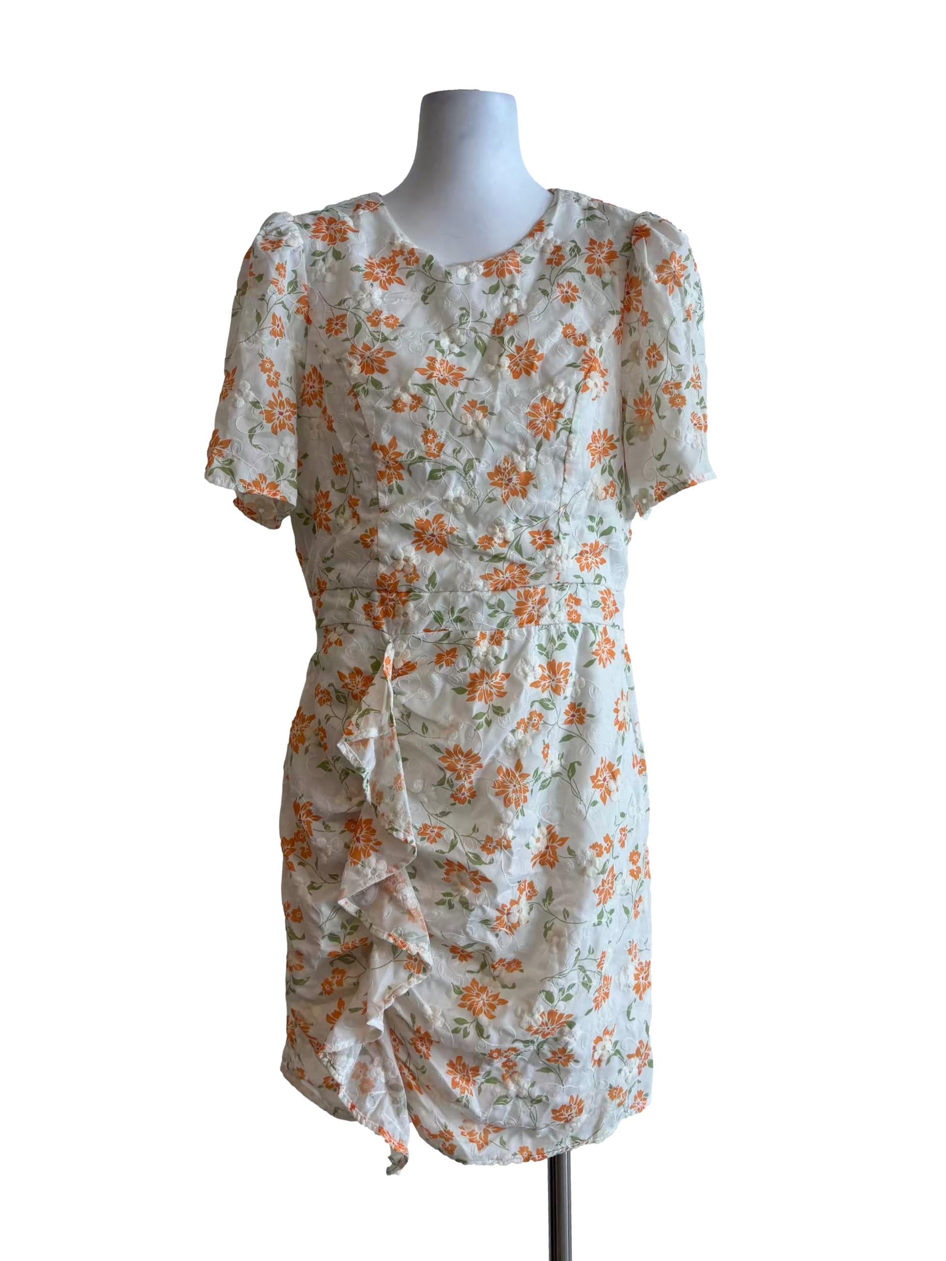 Rice White Orange Flower Backless Dress