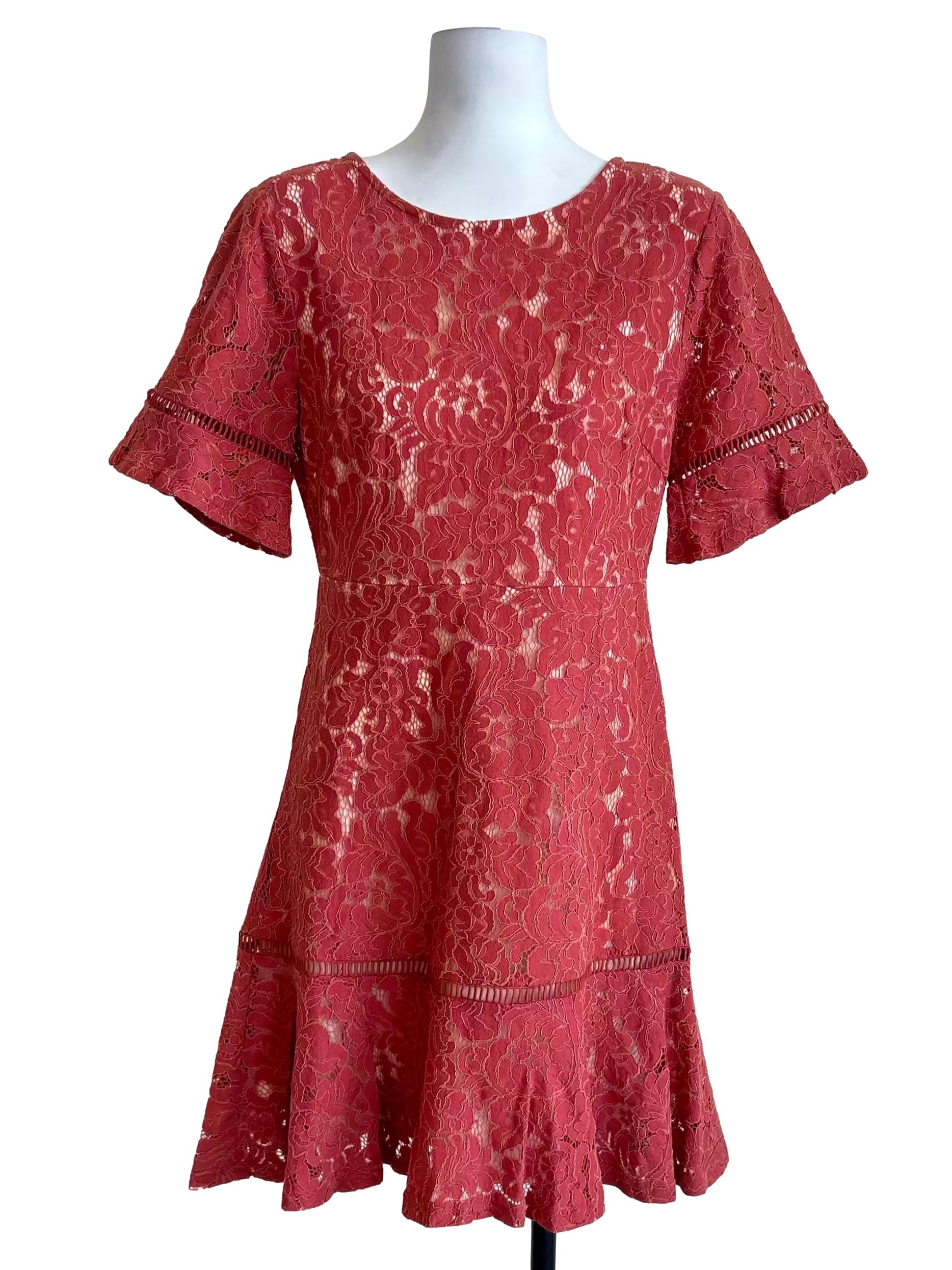 Rust Red Floral Lace Flared Dress