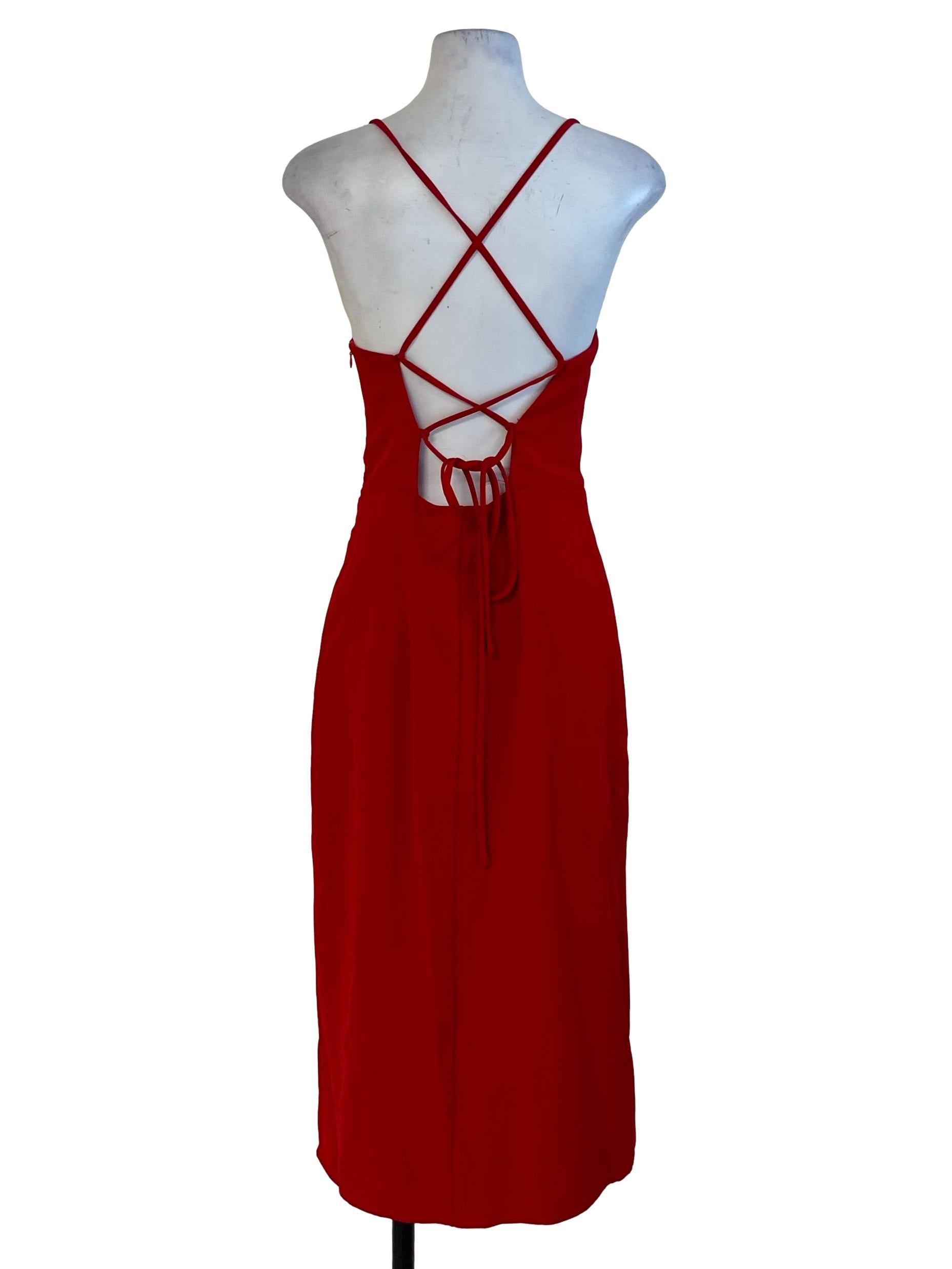 Sashay Red Square Neck Back Overlap Tie Slit Dress