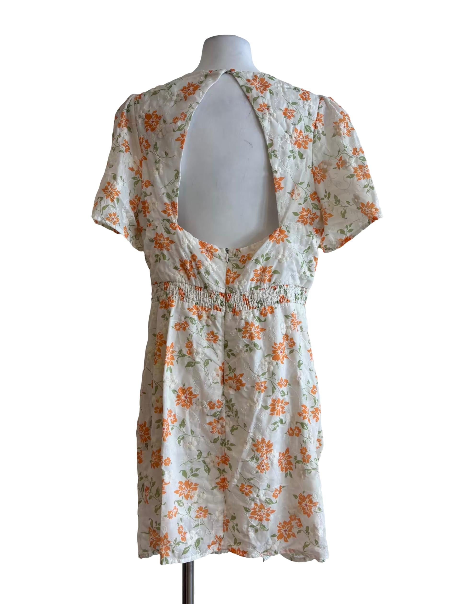Rice White Orange Flower Backless Dress