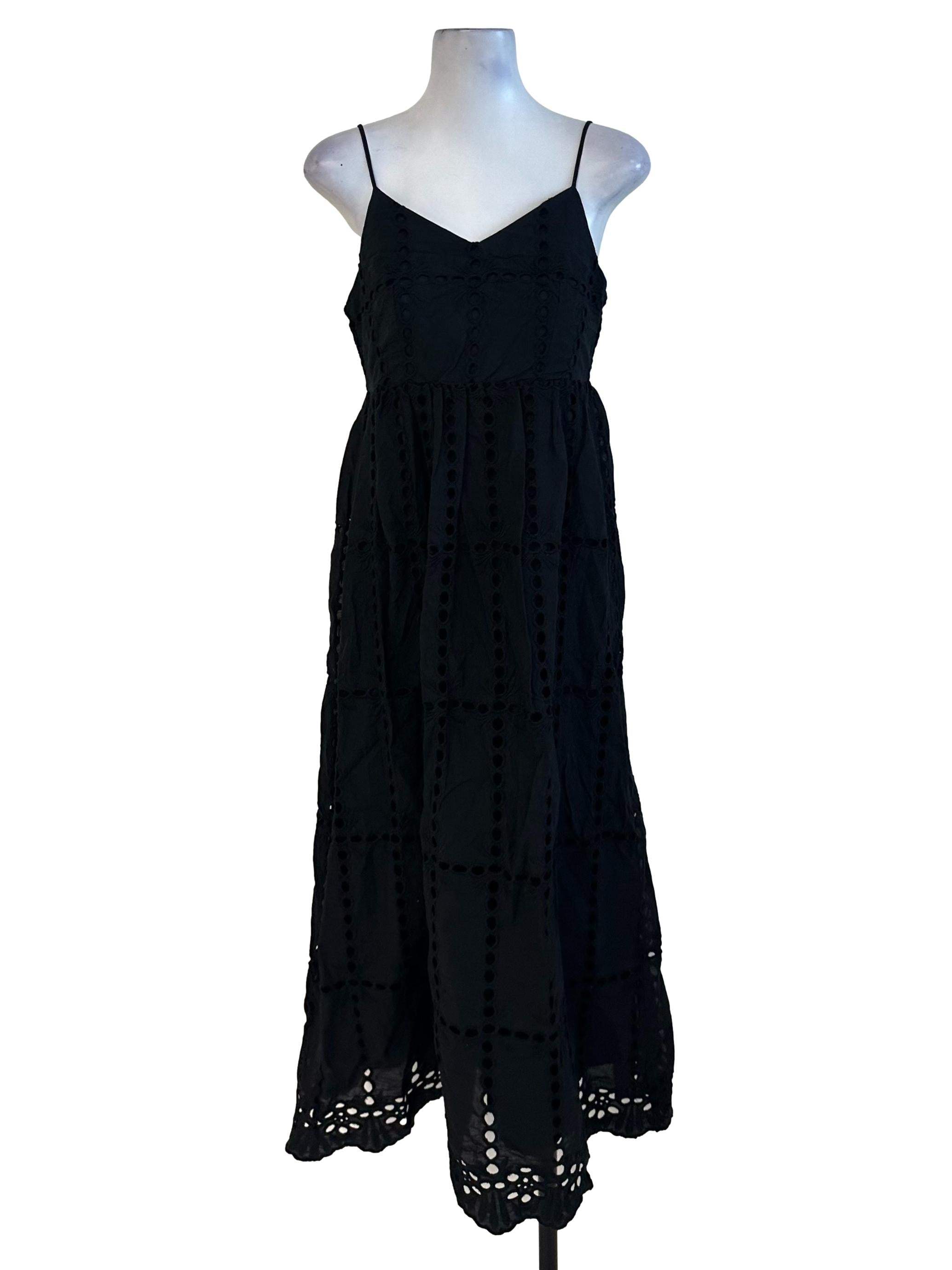 Rich Black V Neck Eyelet Embroidery Textured Dress
