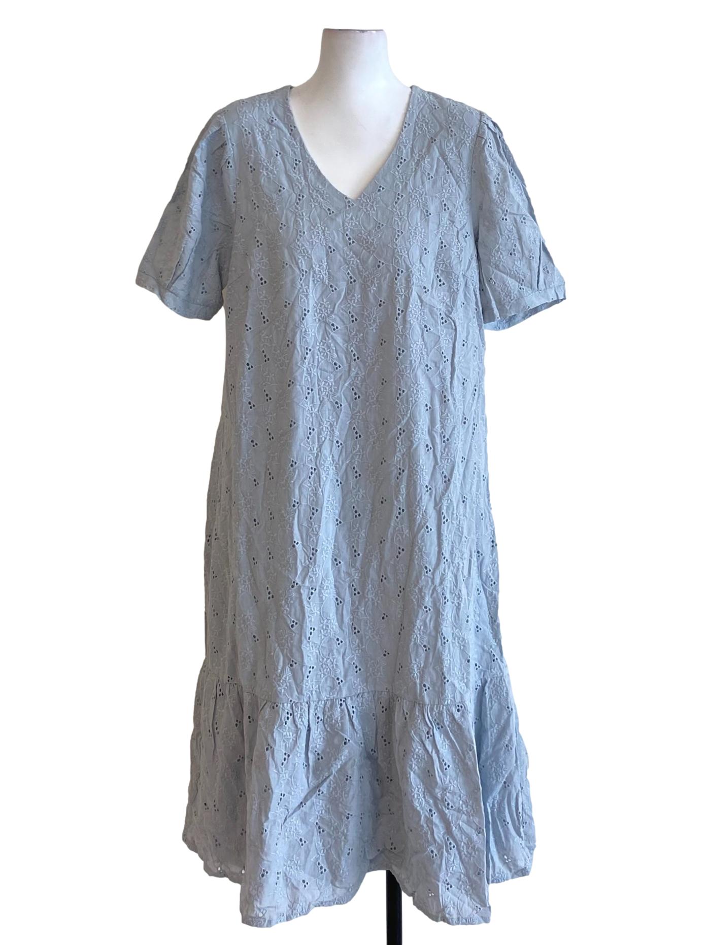 Dusty Blue Embroidered V-Neck Shift Drop Waist Dress
