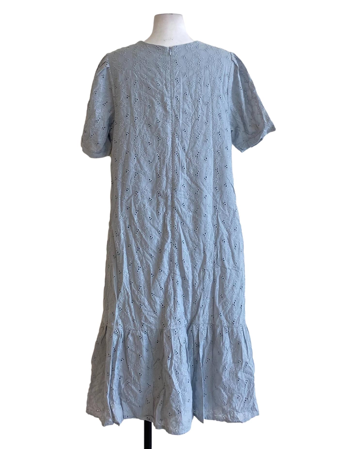 Dusty Blue Embroidered V-Neck Shift Drop Waist Dress