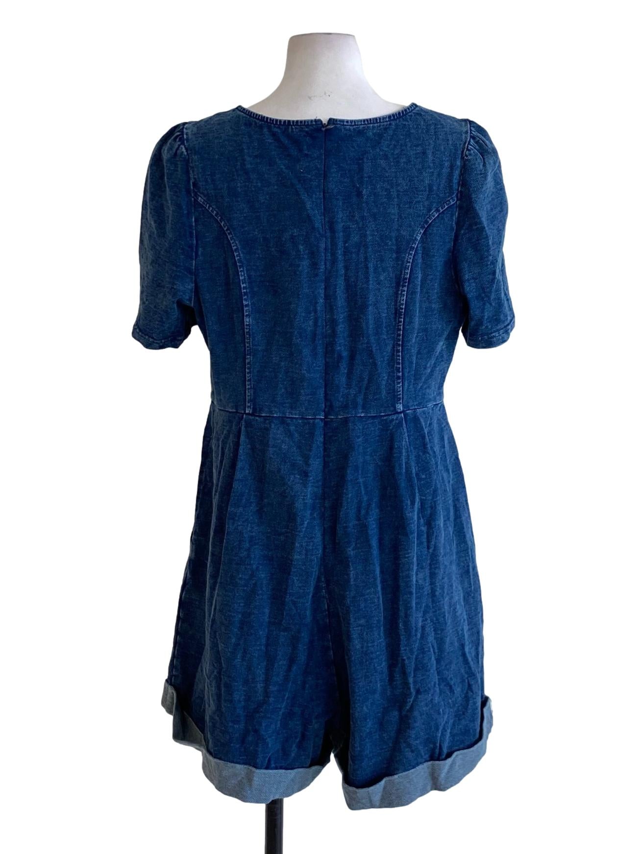 Denim Blue Square Neck Short Sleeve Denim Romper