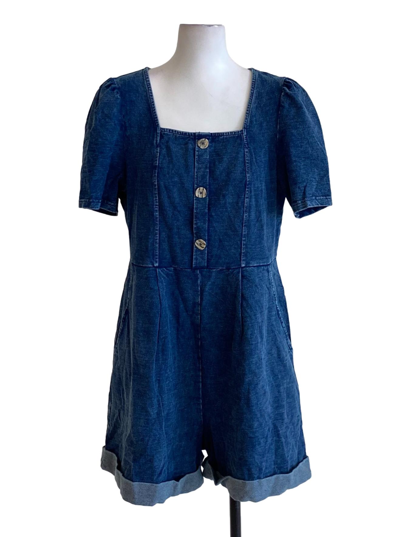 Denim Blue Square Neck Short Sleeve Denim Romper