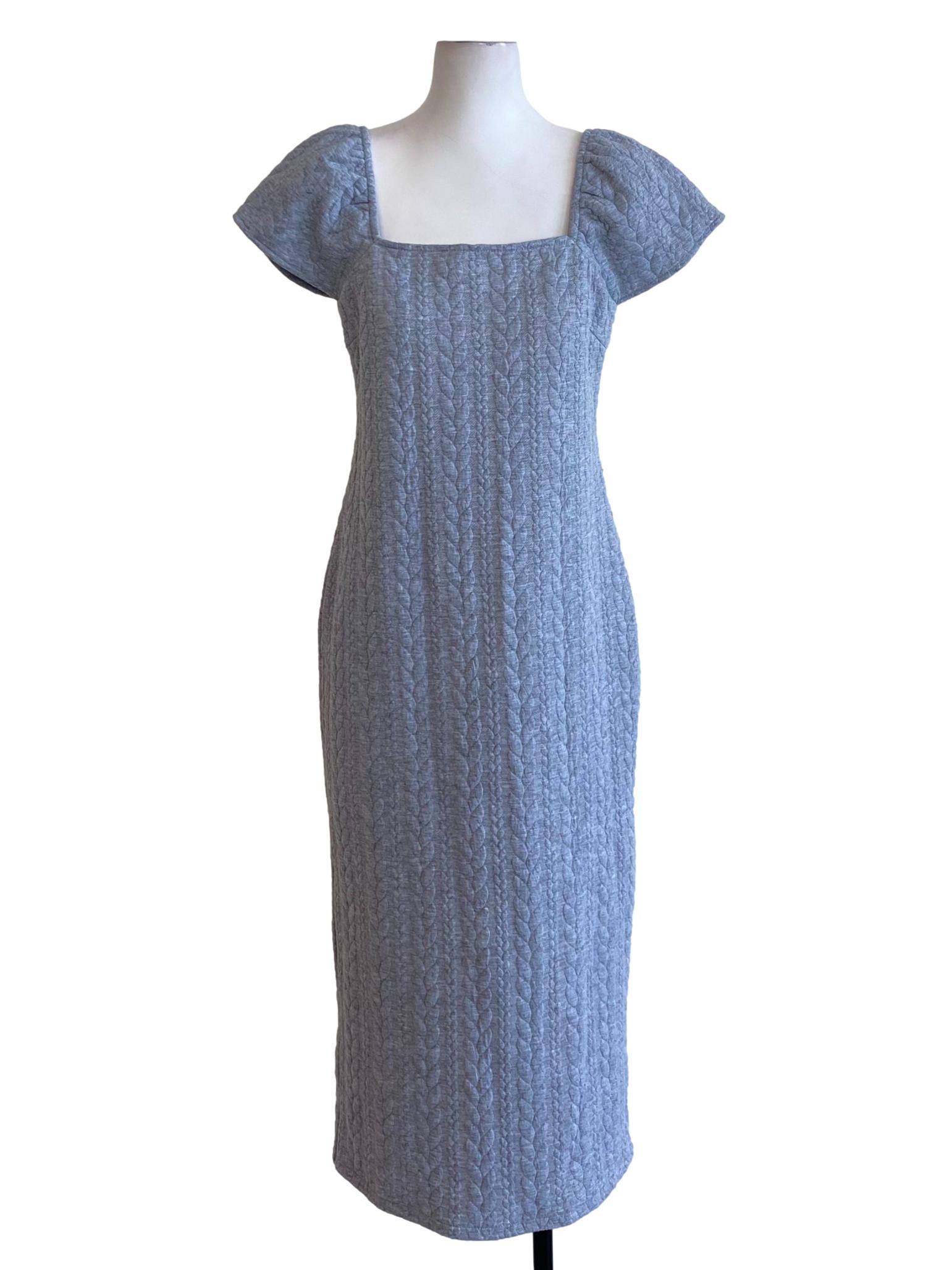Coin Grey Textured Square Neck Petal Sleeve Bodycon Dress