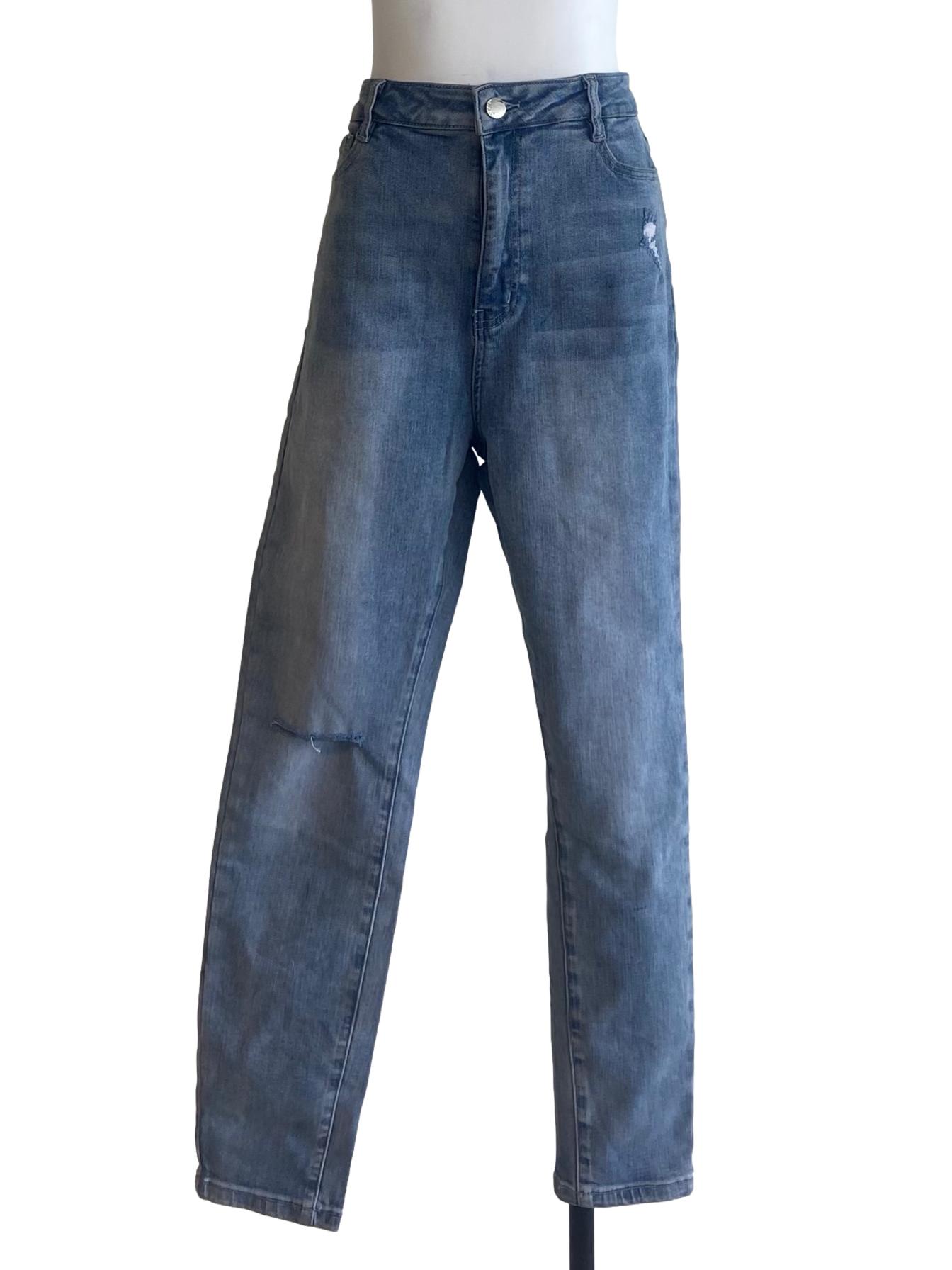 Blue Distressed Herringbone Skinny Jeans