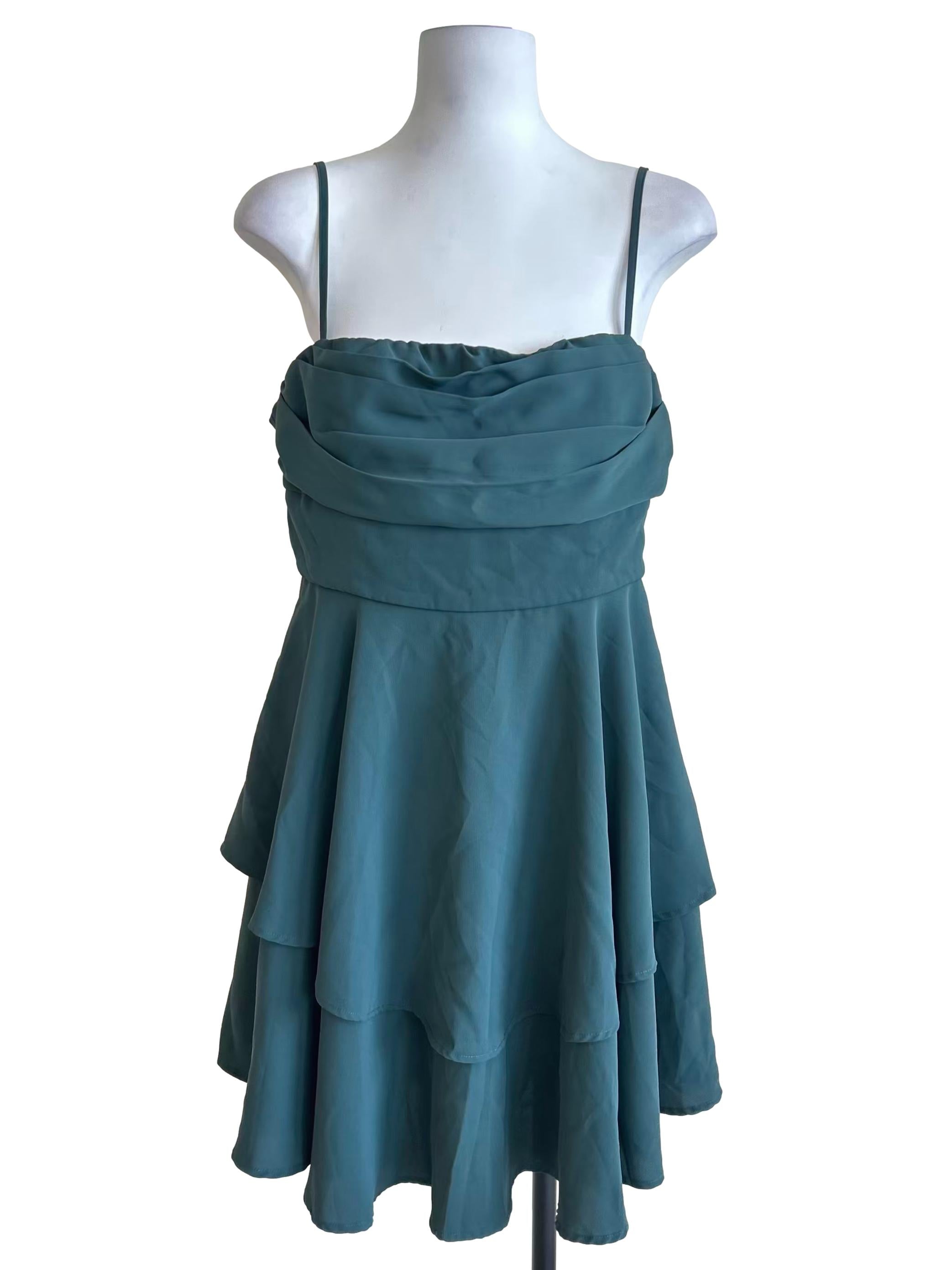 Teal Blue Ruched Tiered Mini Dress