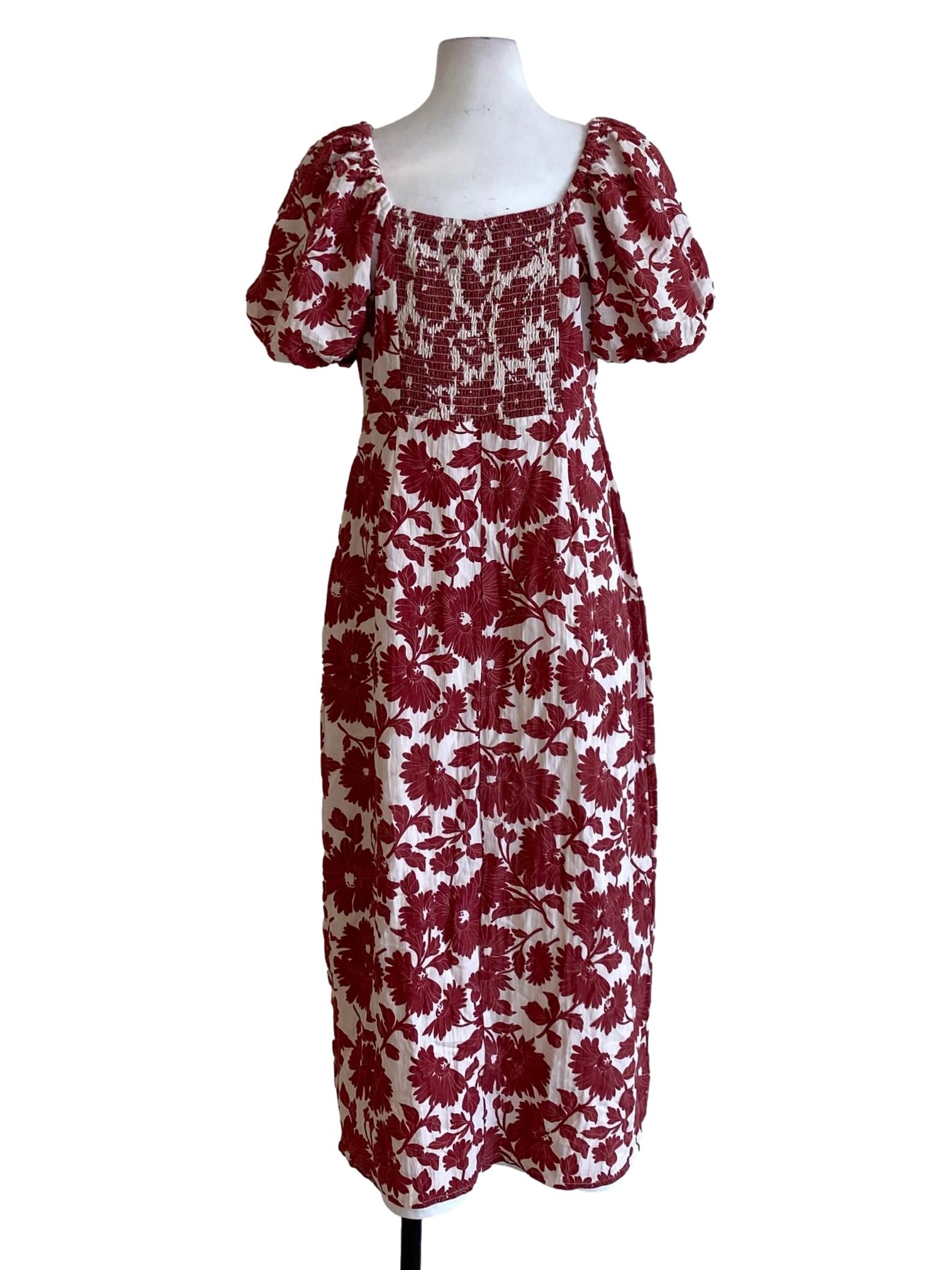 Berry Red Floral Square Neck Puffed A-Line Dress