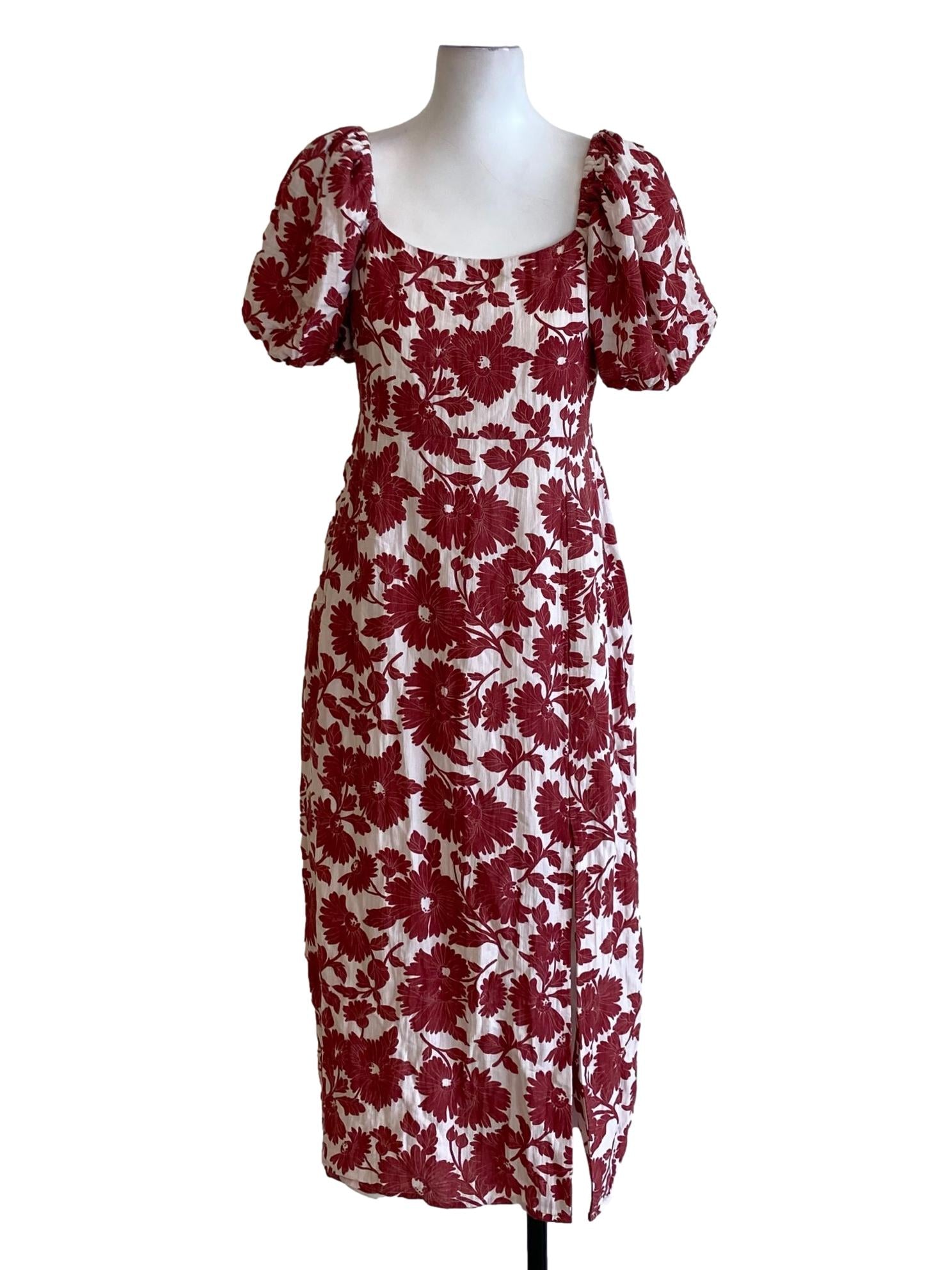 Berry Red Floral Square Neck Puffed A-Line Dress