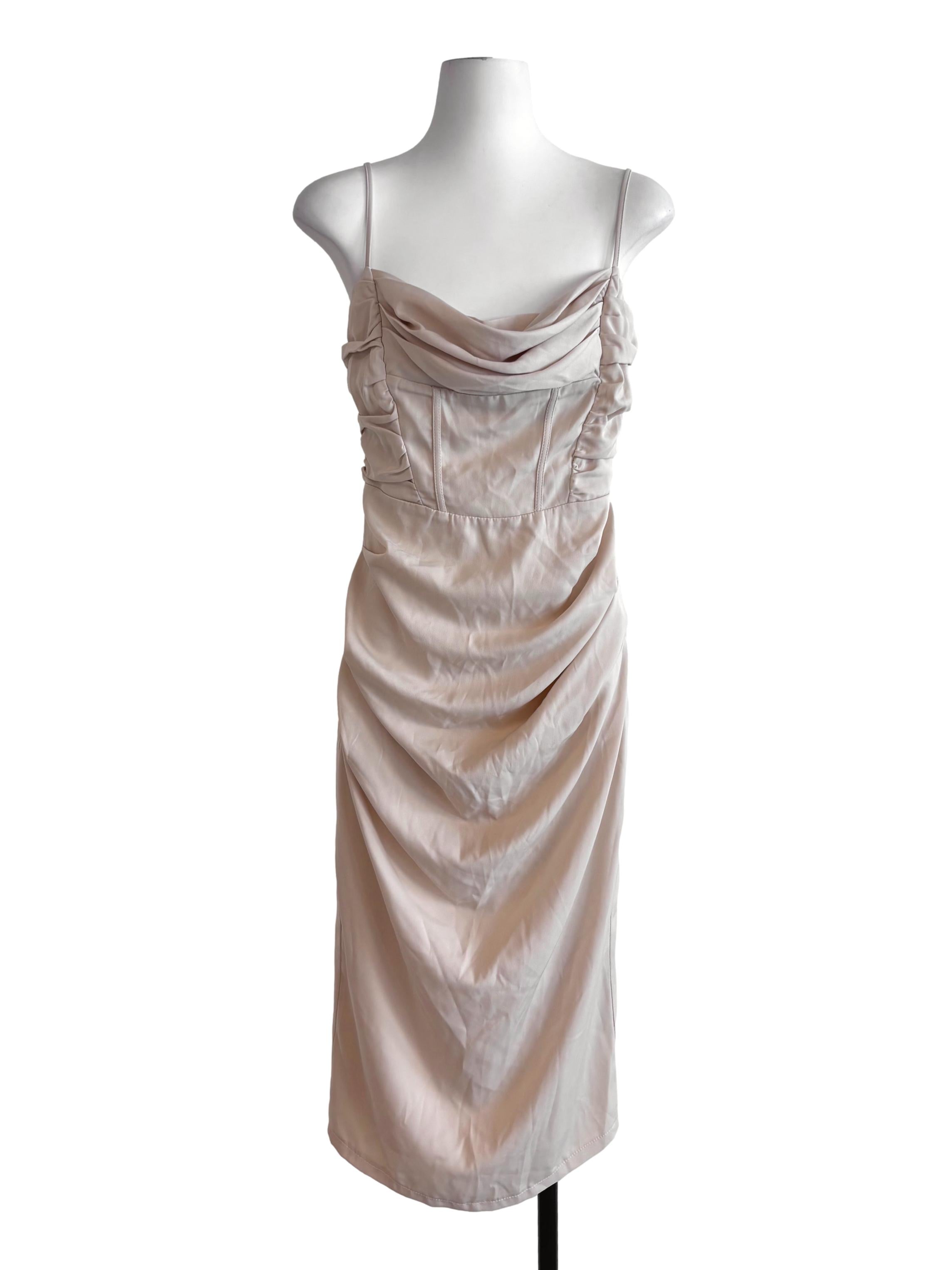 Nude Beige Drape Midi Dress