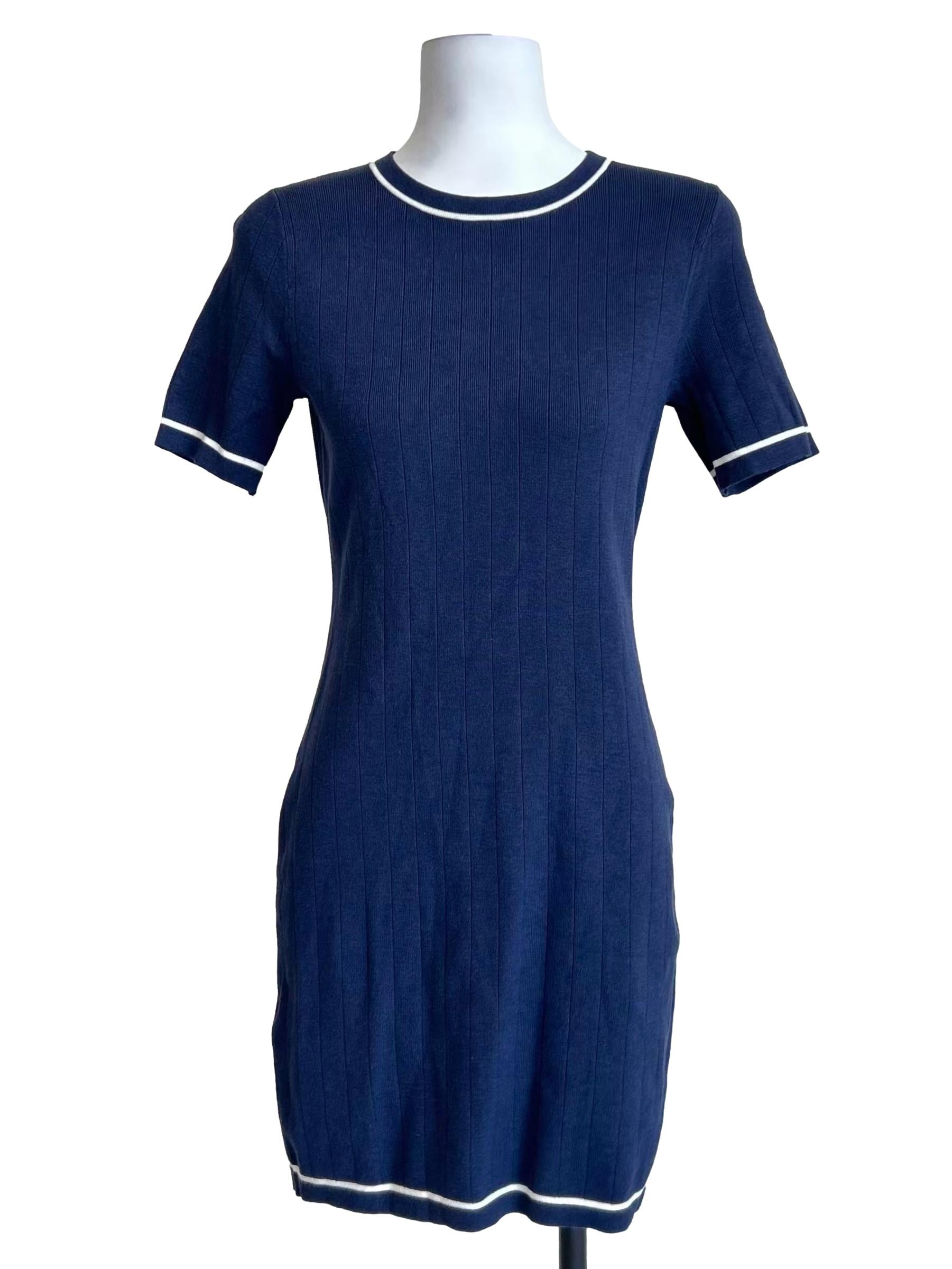 Navy Blue Ringer Trim Ribbed Dress