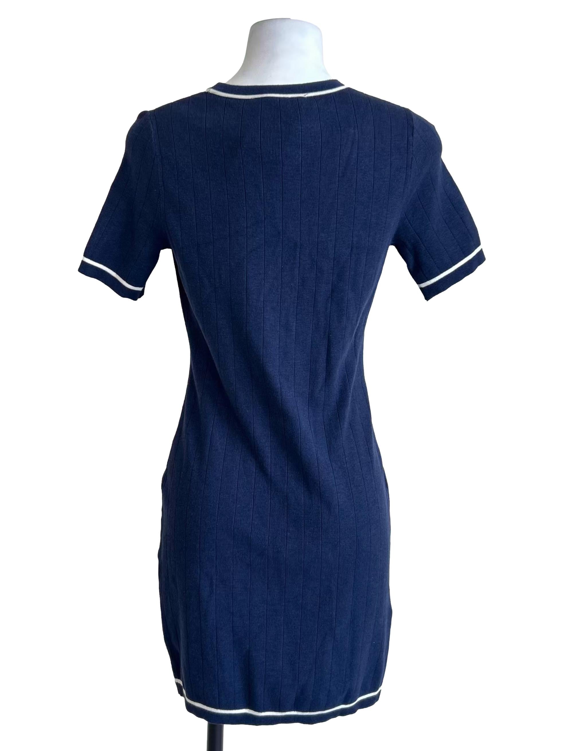 Navy Blue Ringer Trim Ribbed Dress