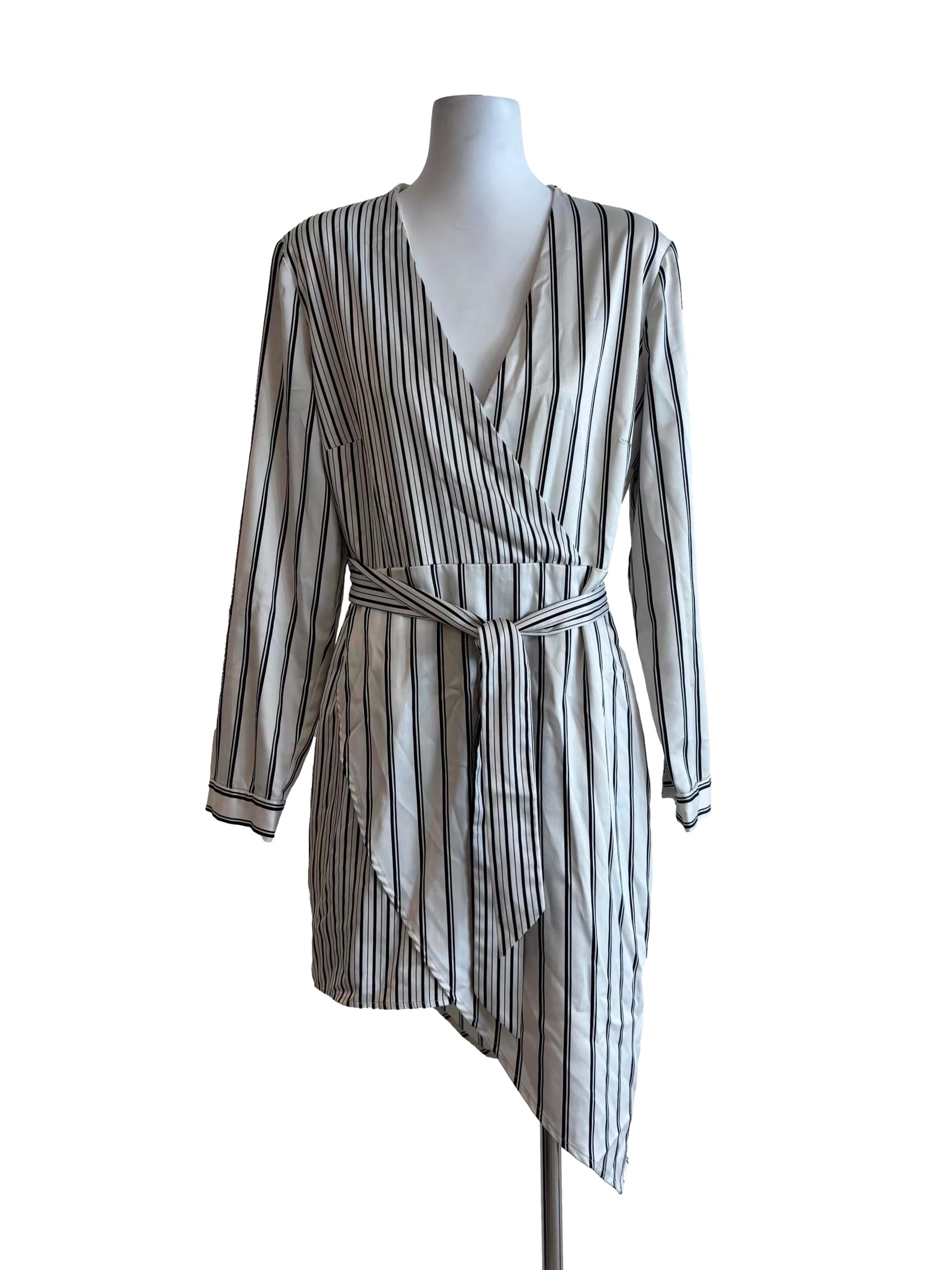 Pearl White Long Sleeve Striped Satin Dress