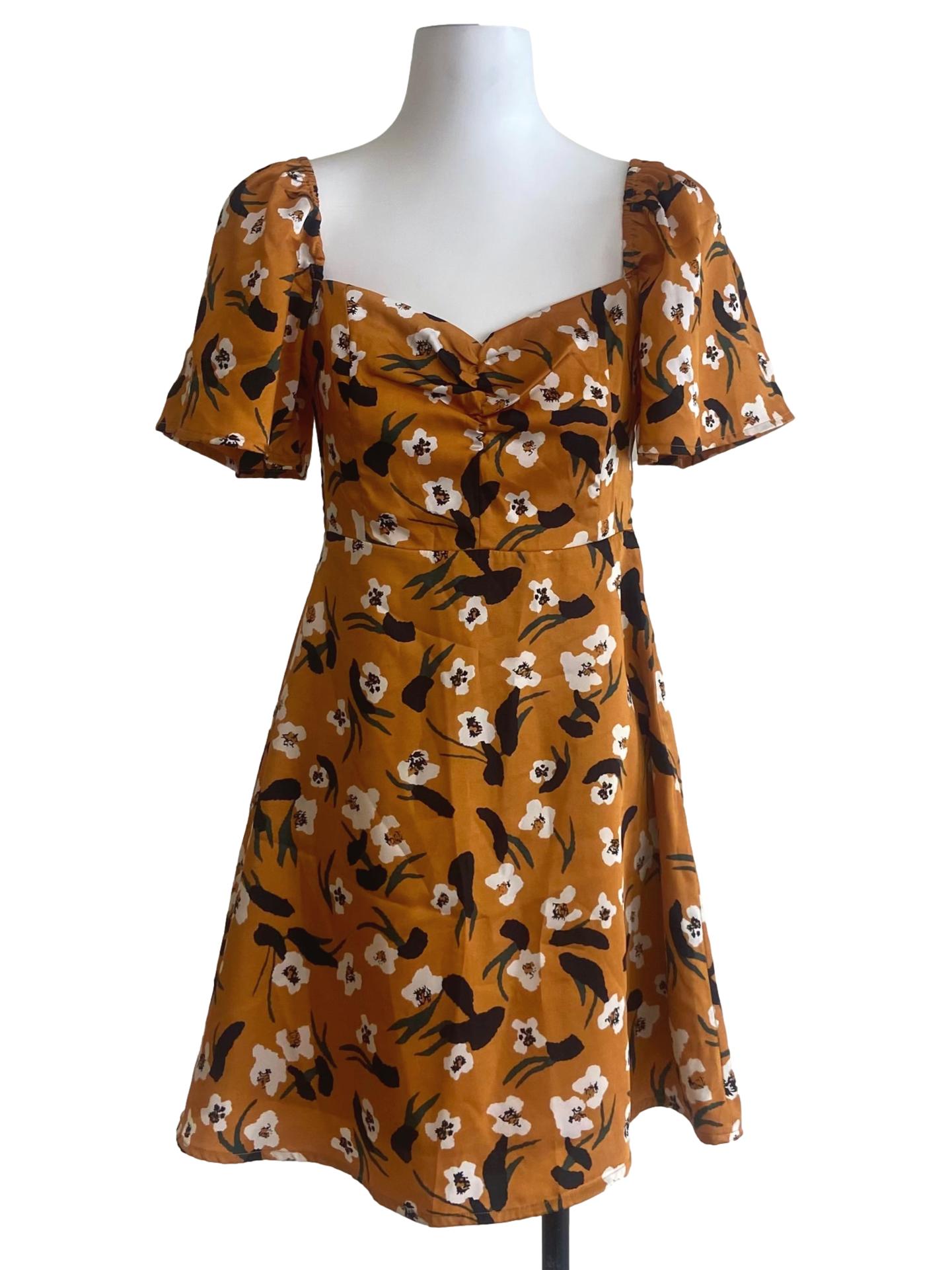 Gold Orange & Floral A-Line Mini Dress