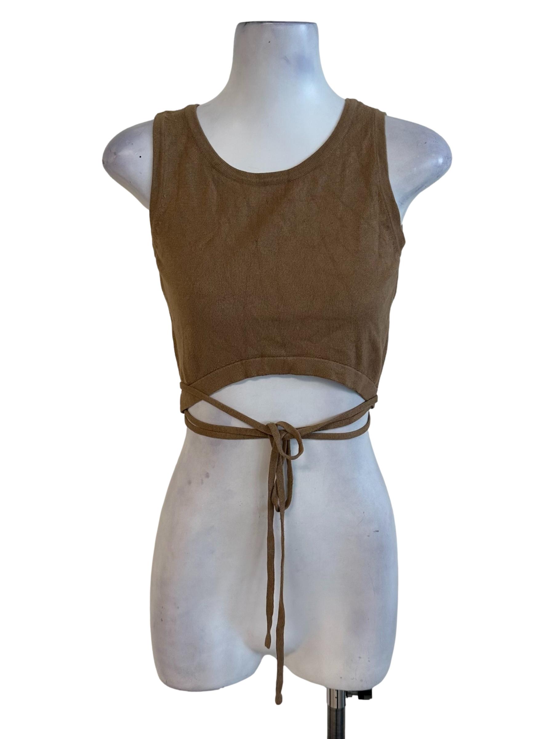 Coffee Brown Round Neck Tie Top