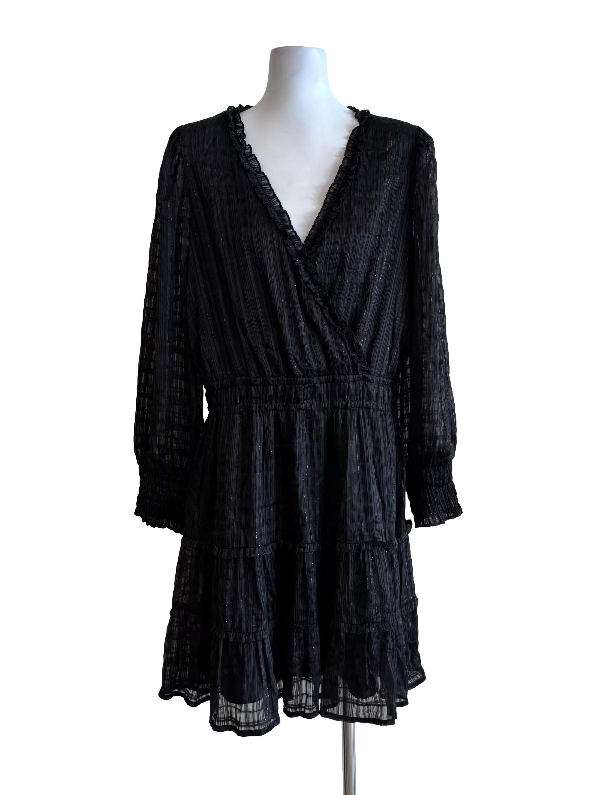 Jet Black Long Sleeve Crinkle Tier Dress