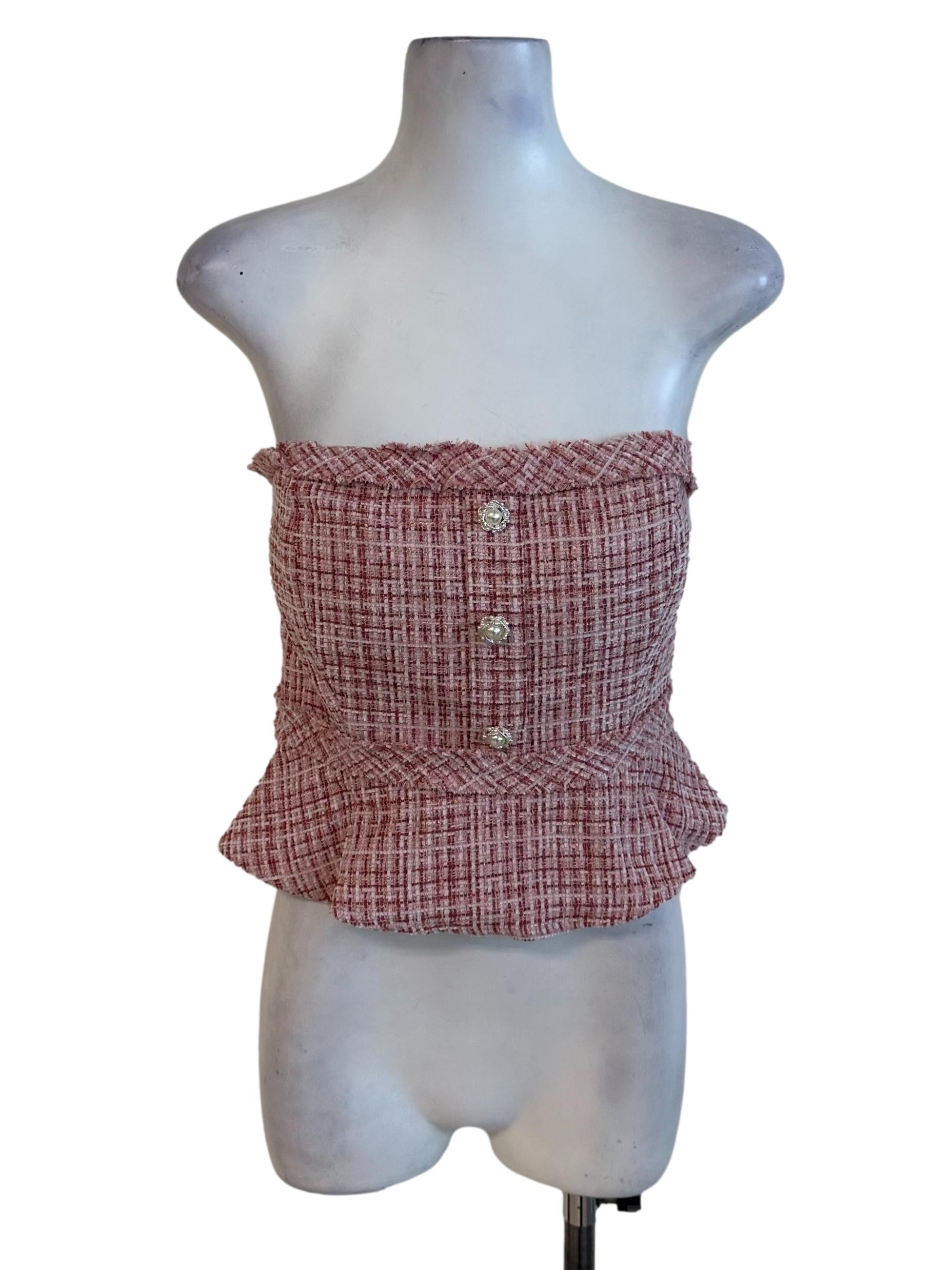 Rose Red Tweed Textured Button Strapless Top