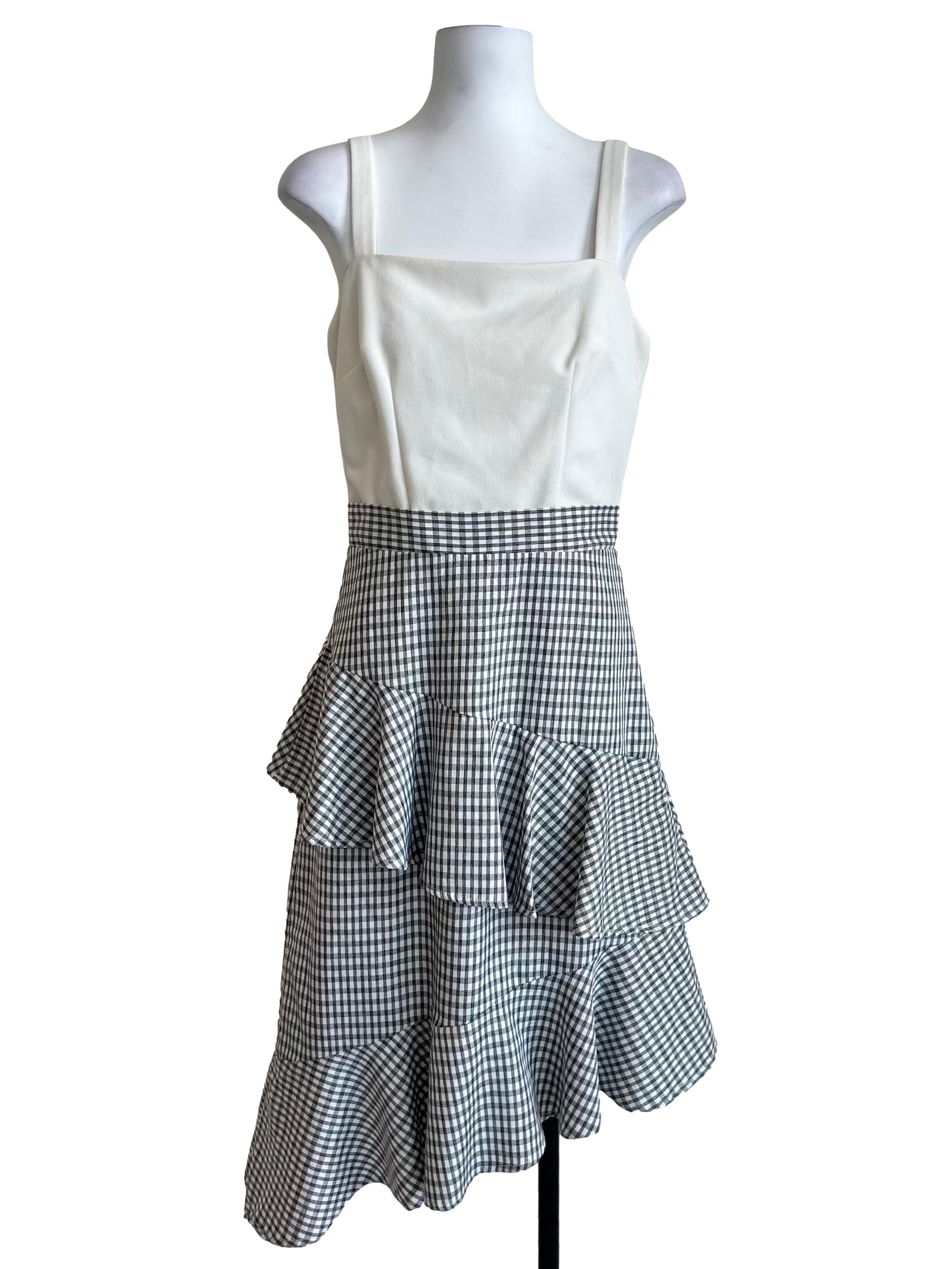 Black & White Gingham Asymmetric Tiered Dress