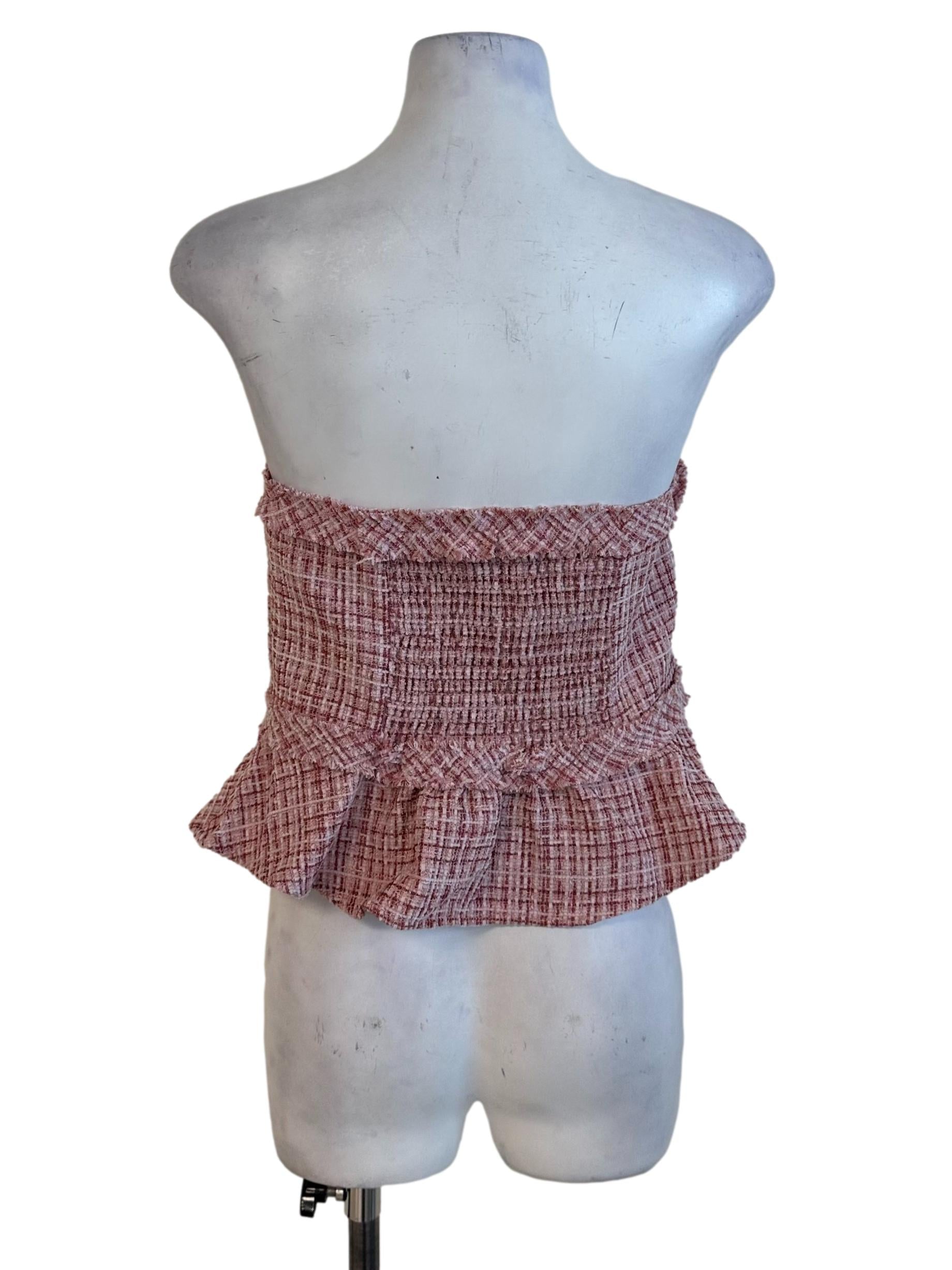 Rose Red Tweed Textured Button Strapless Top