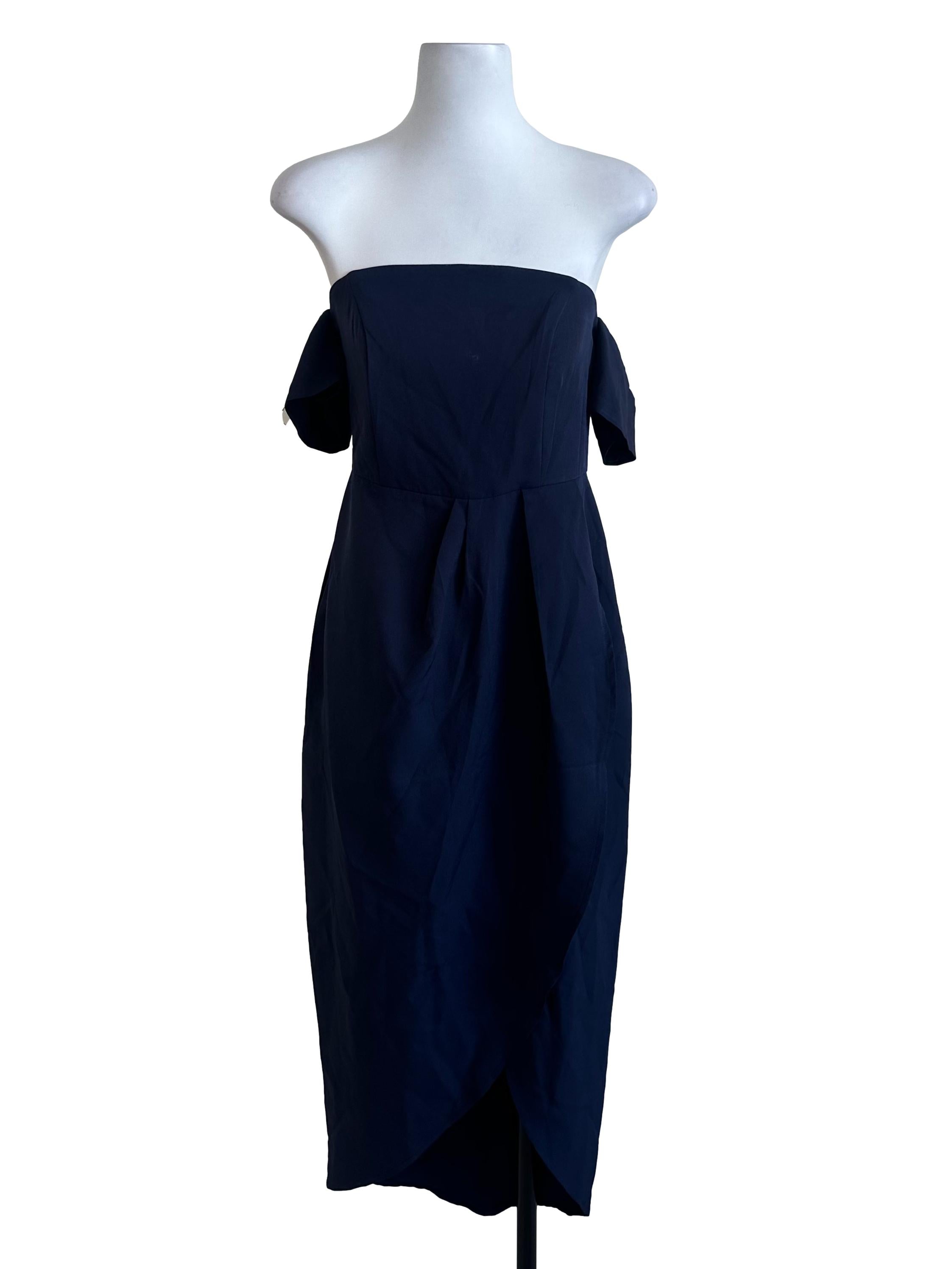 Navy Blue Plain Off Shoulder Dress