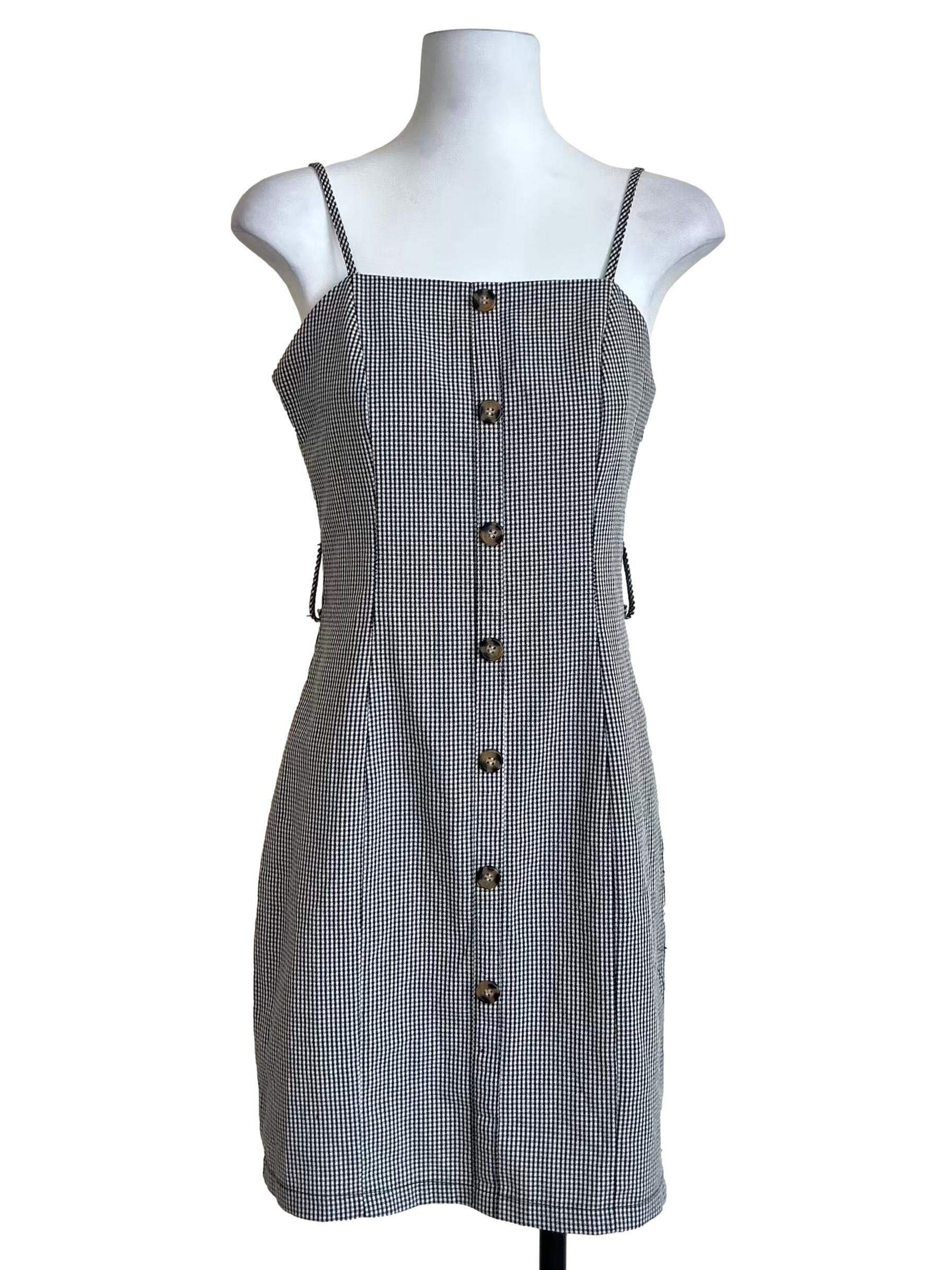 Black & White Gingham Button Front Mini Dress TEM