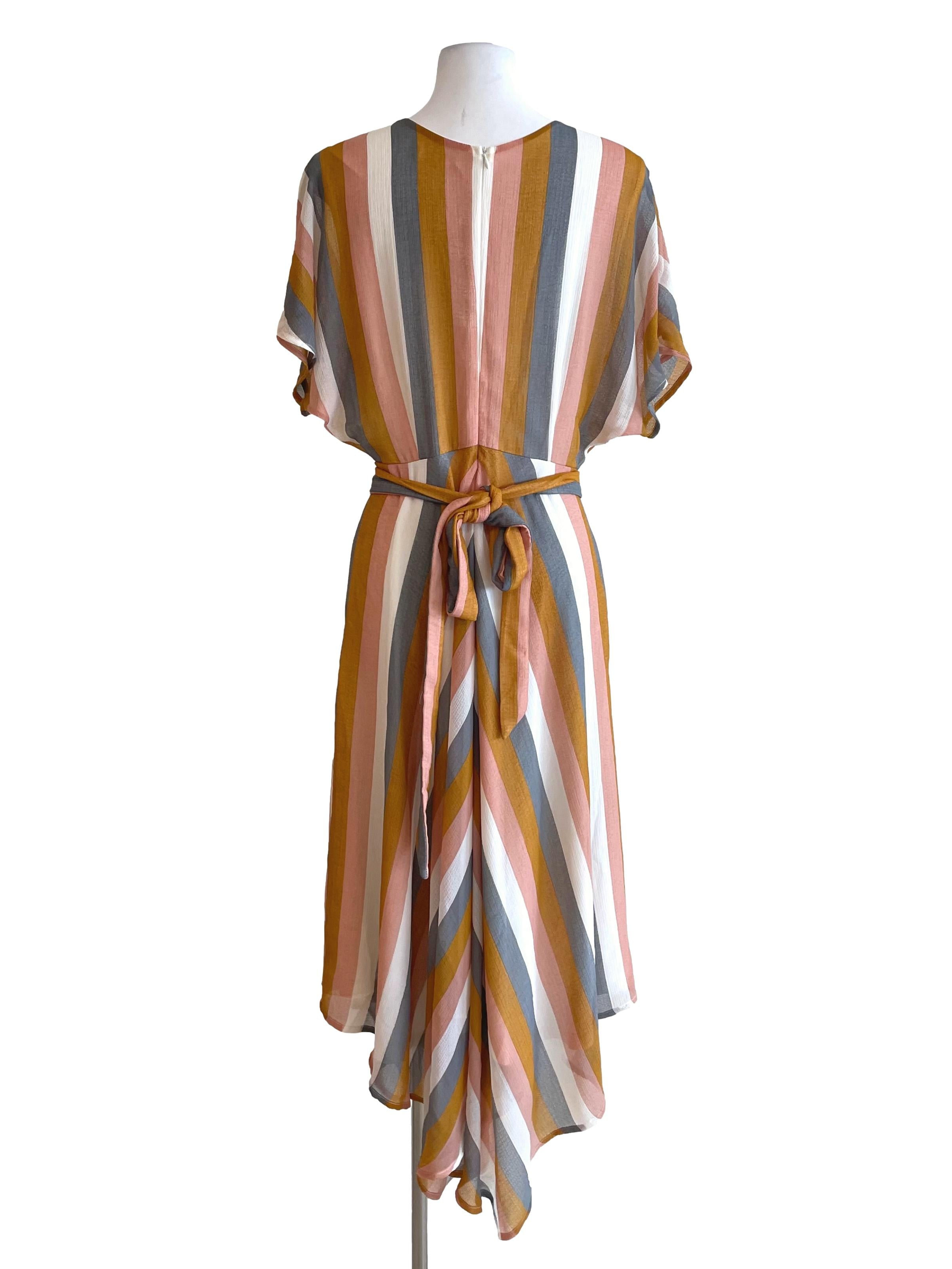 White Multicolor Stripes Drop Shoulder Chiffon Dress