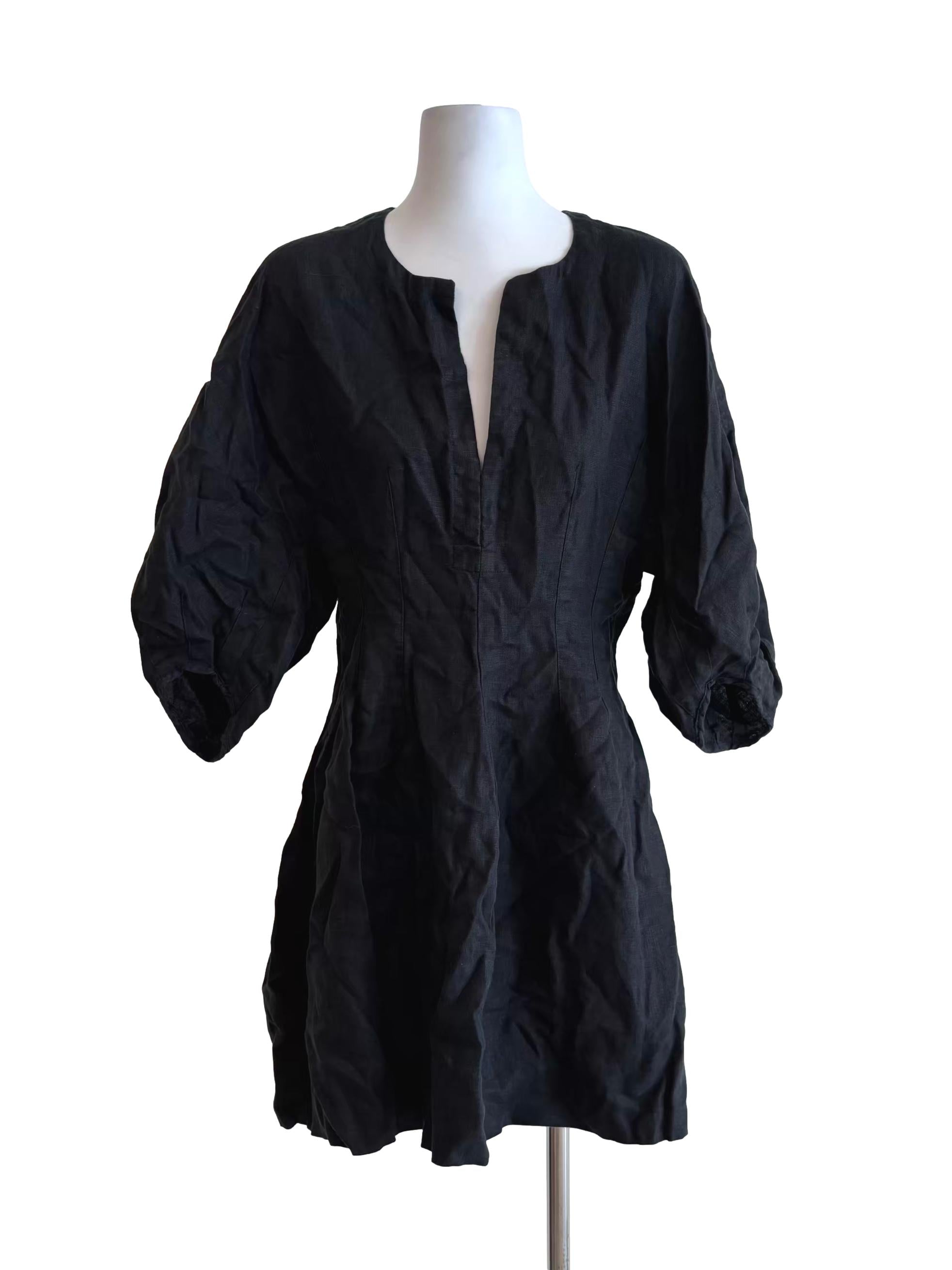 Jet Black Fitted Waist Linen Dress