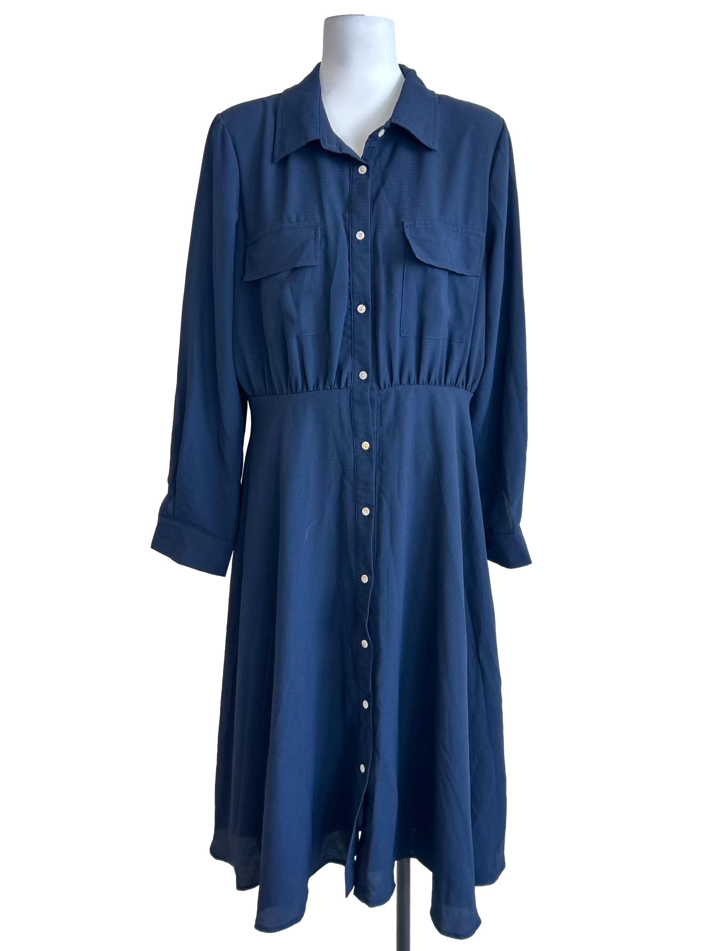 Navy Blue Long Sleeve Utility Midi Dress TEM