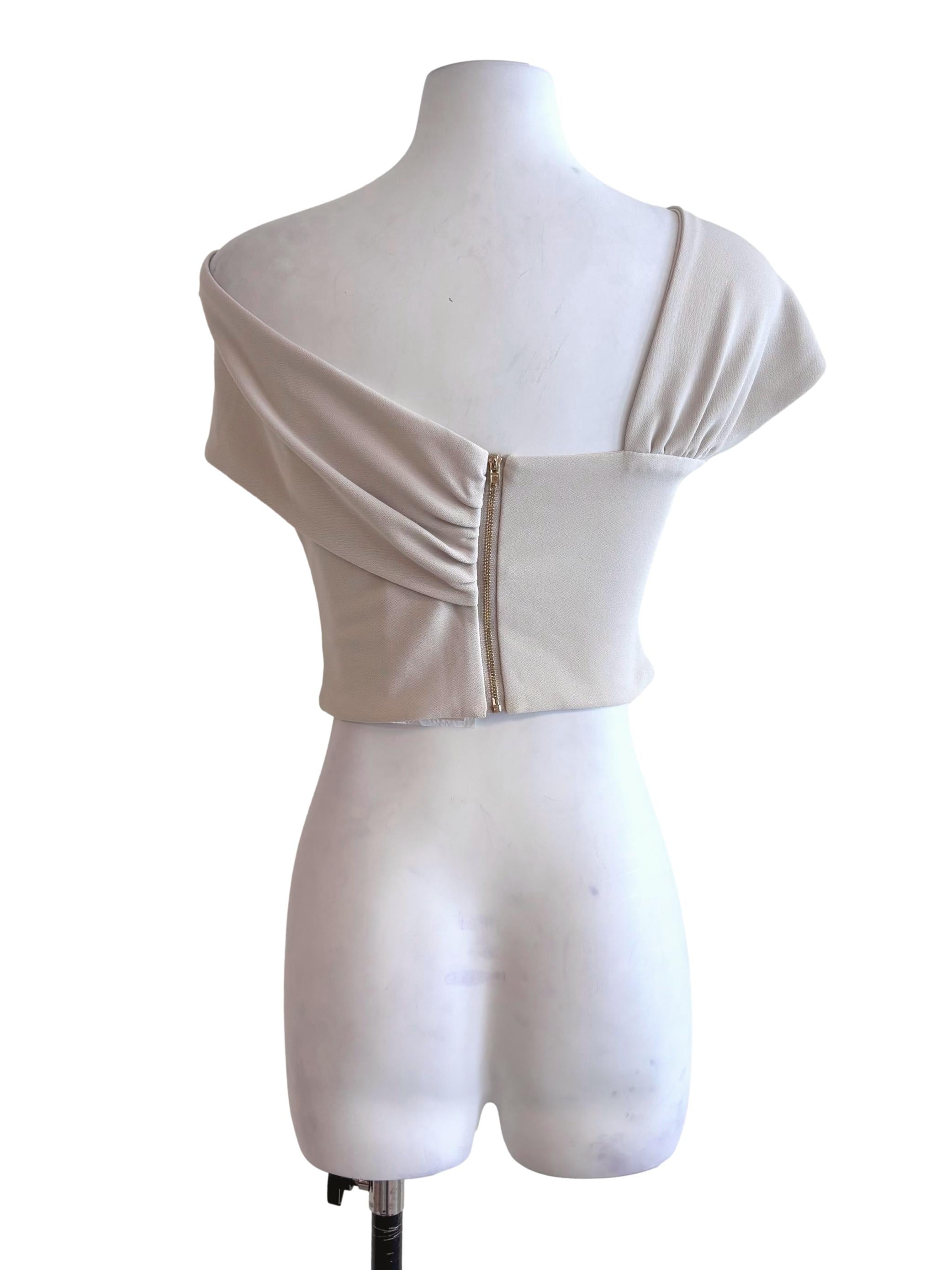 Bone Beige Asymmetric Neckline Crop Top