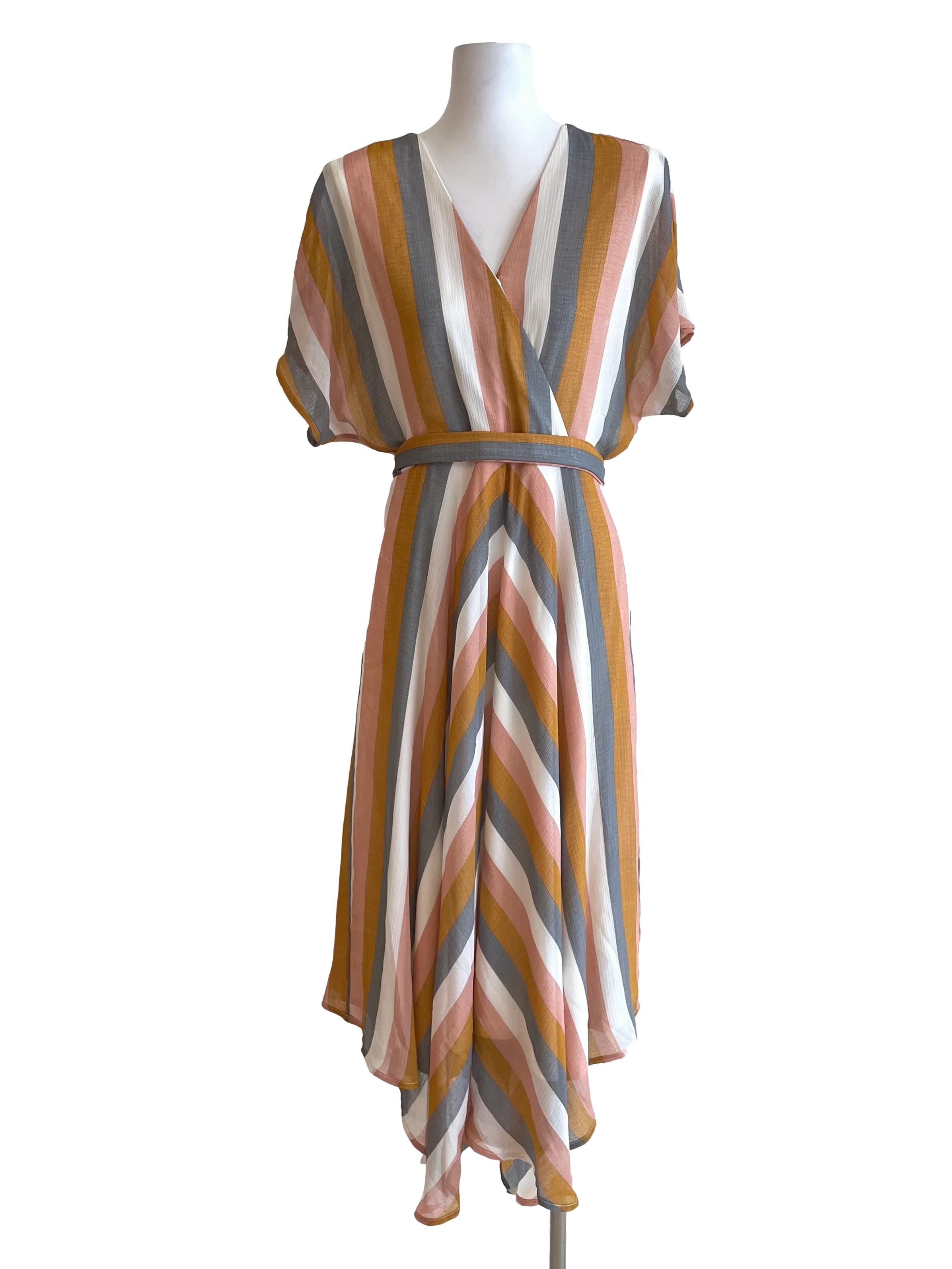 White Multicolor Stripes Drop Shoulder Chiffon Dress