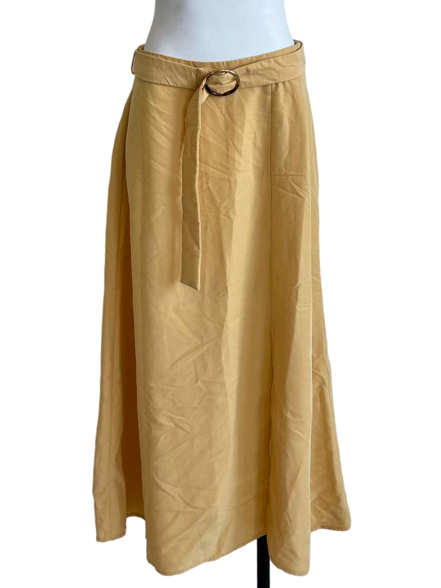 Yellow Belted A-Line Midi Skirt