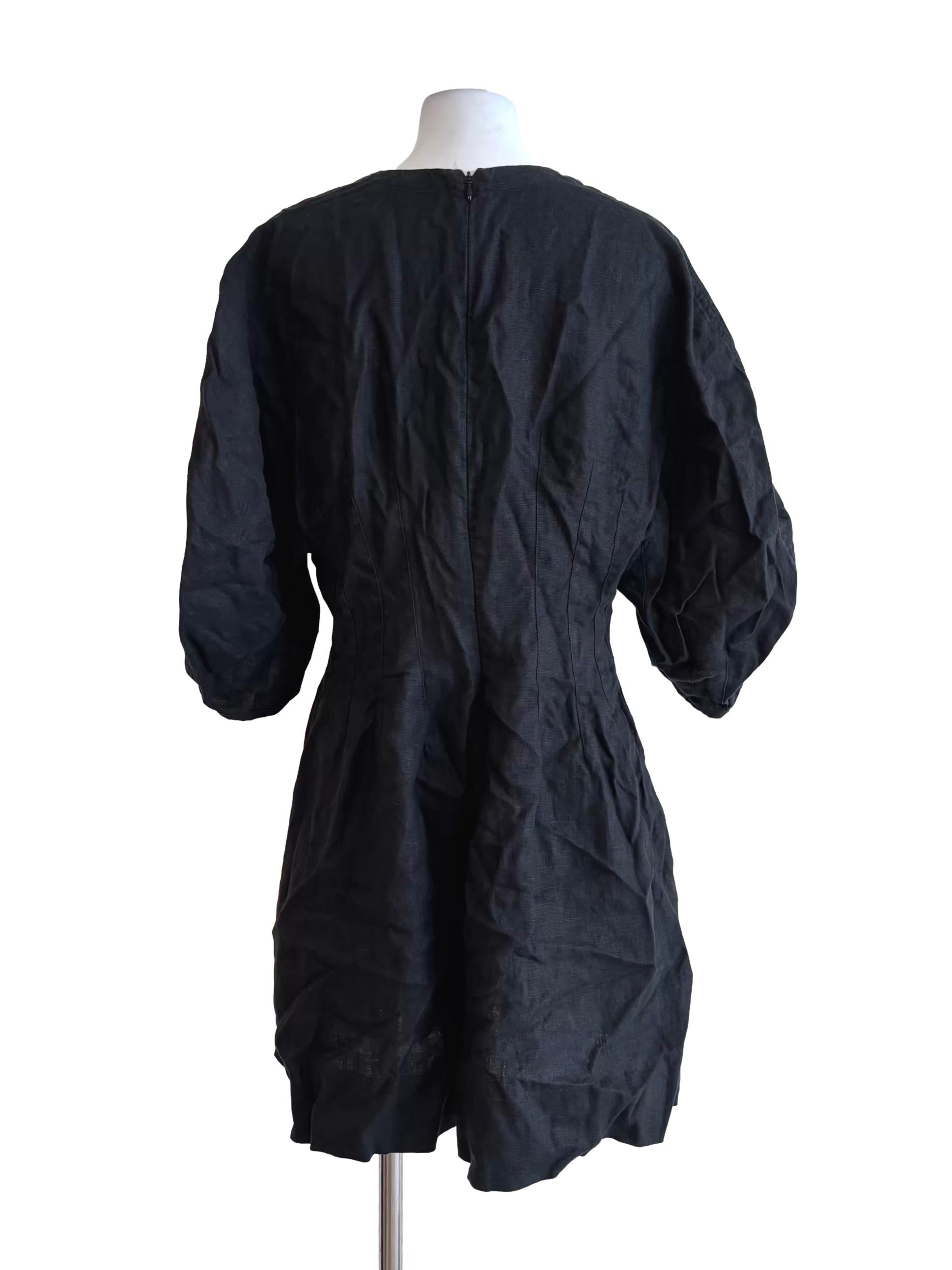 Jet Black Fitted Waist Linen Dress