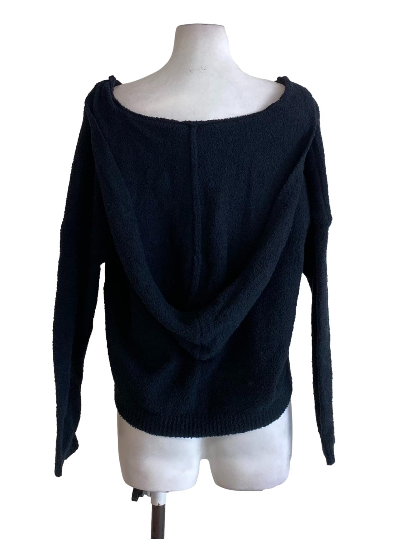 Matte Black Fluffy Long Sleeve Fit Hood Knitwear