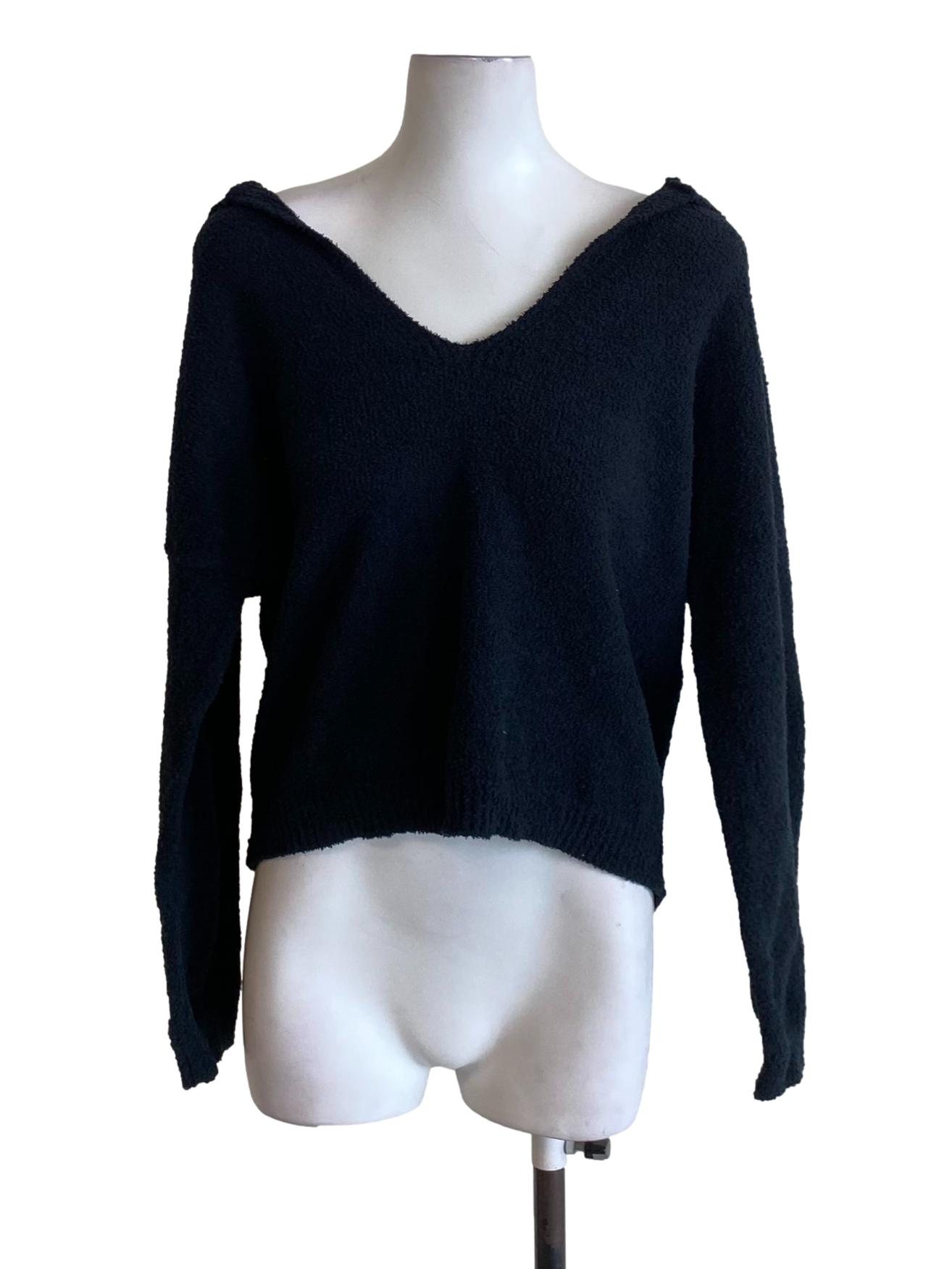 Matte Black Fluffy Long Sleeve Fit Hood Knitwear